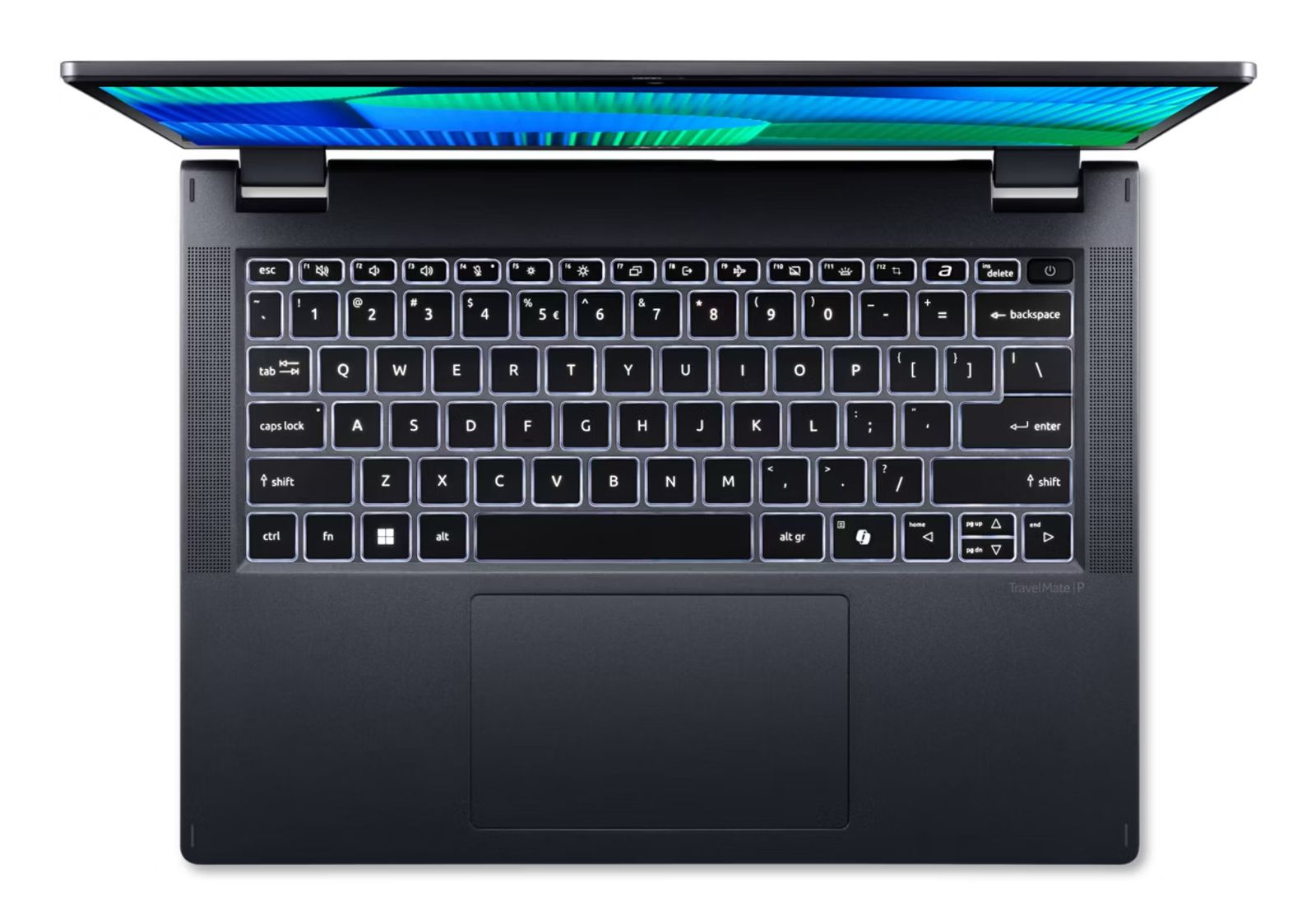 Draufsicht auf einen dunklen Laptop mit beleuchteter QWERTY-Tastatur und einem Trackpad.