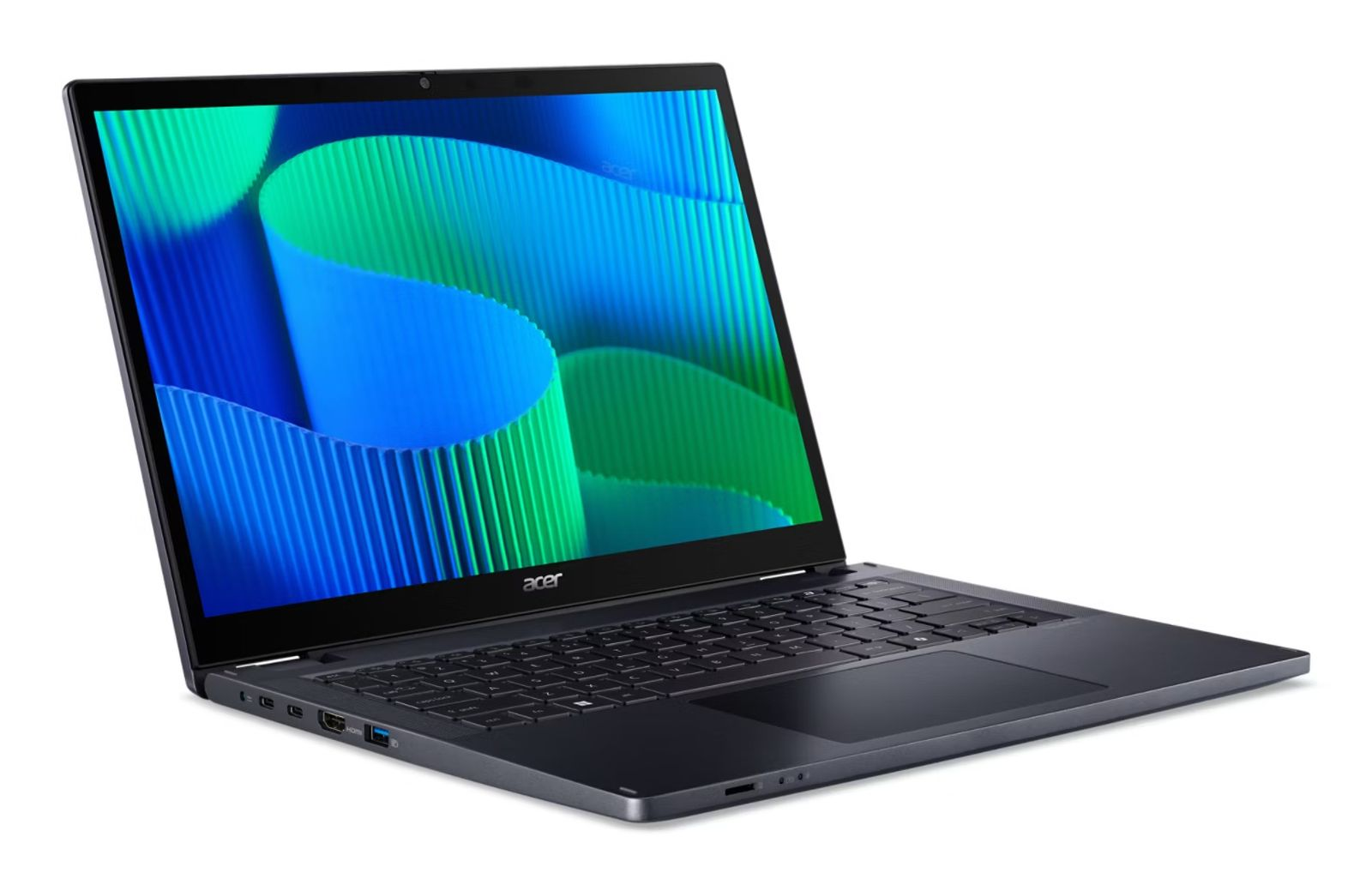 Ein offener Acer Laptop auf weißem Hintergrund mit blau-grünem Bildschirm.