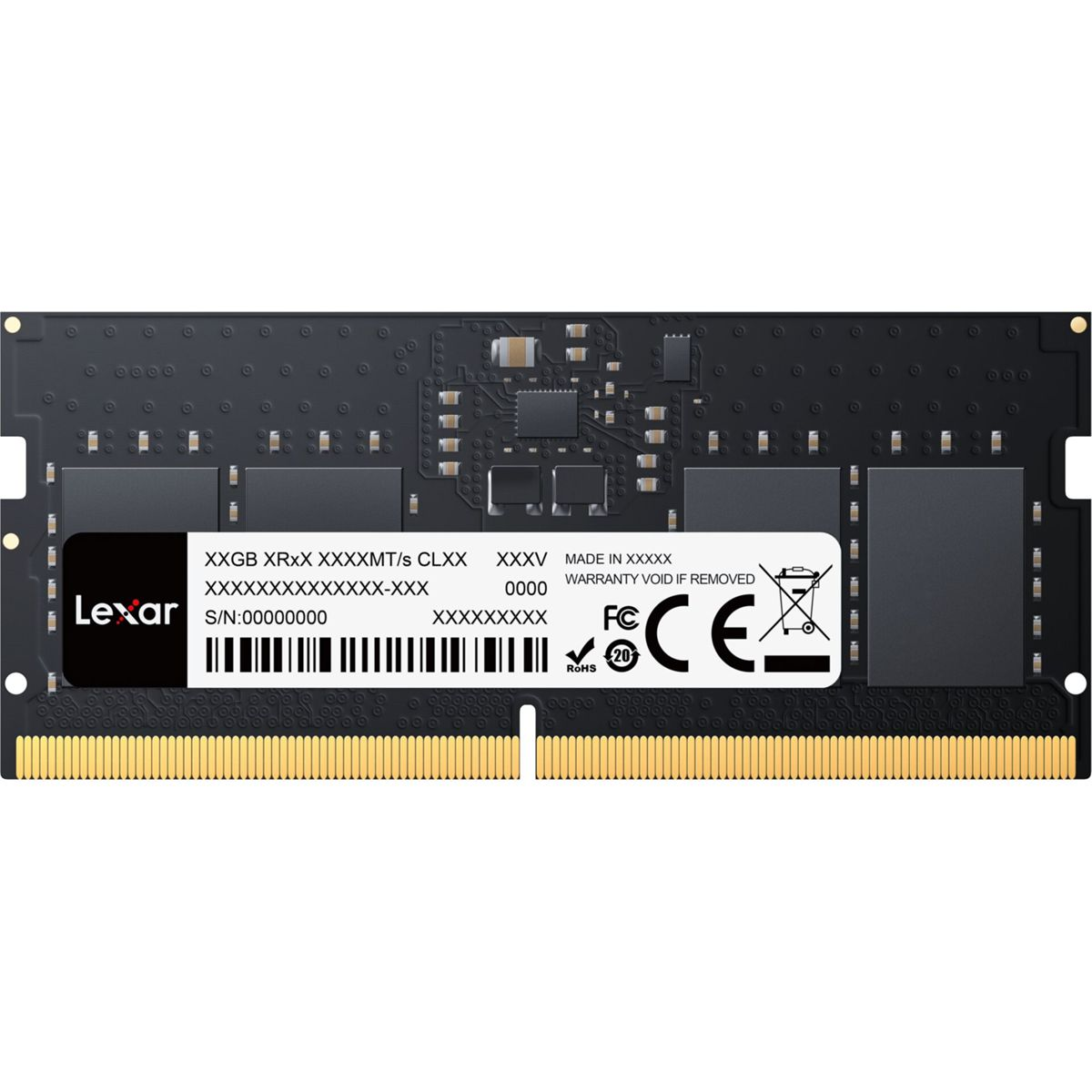 Schwarzes Lexar RAM-Modul mit goldfarbenen Kontakten und Etikett.