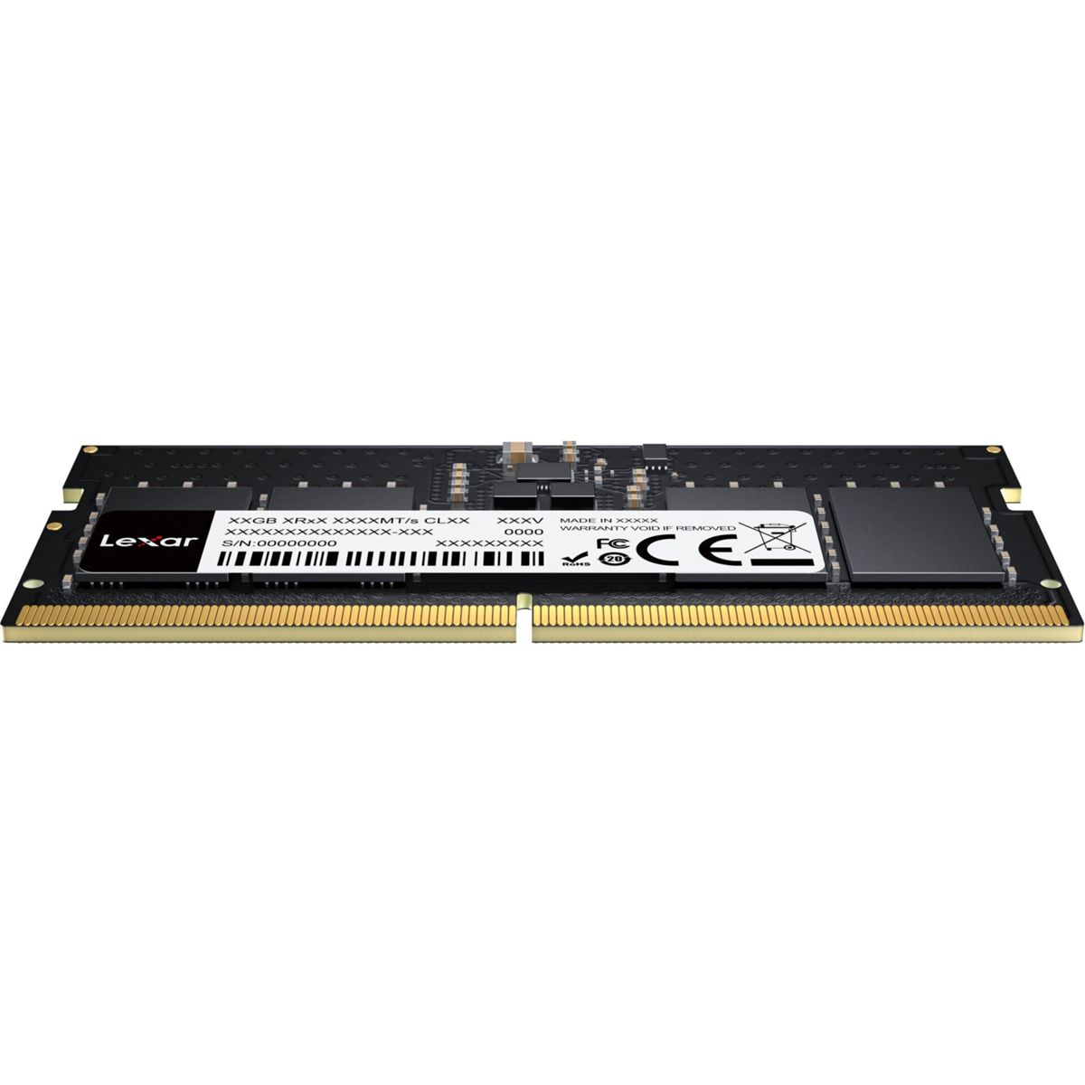 Ein Lexar RAM-Modul mit schwarzer Platine, goldenen Kontakten und einem Produktetikett mit Barcode.