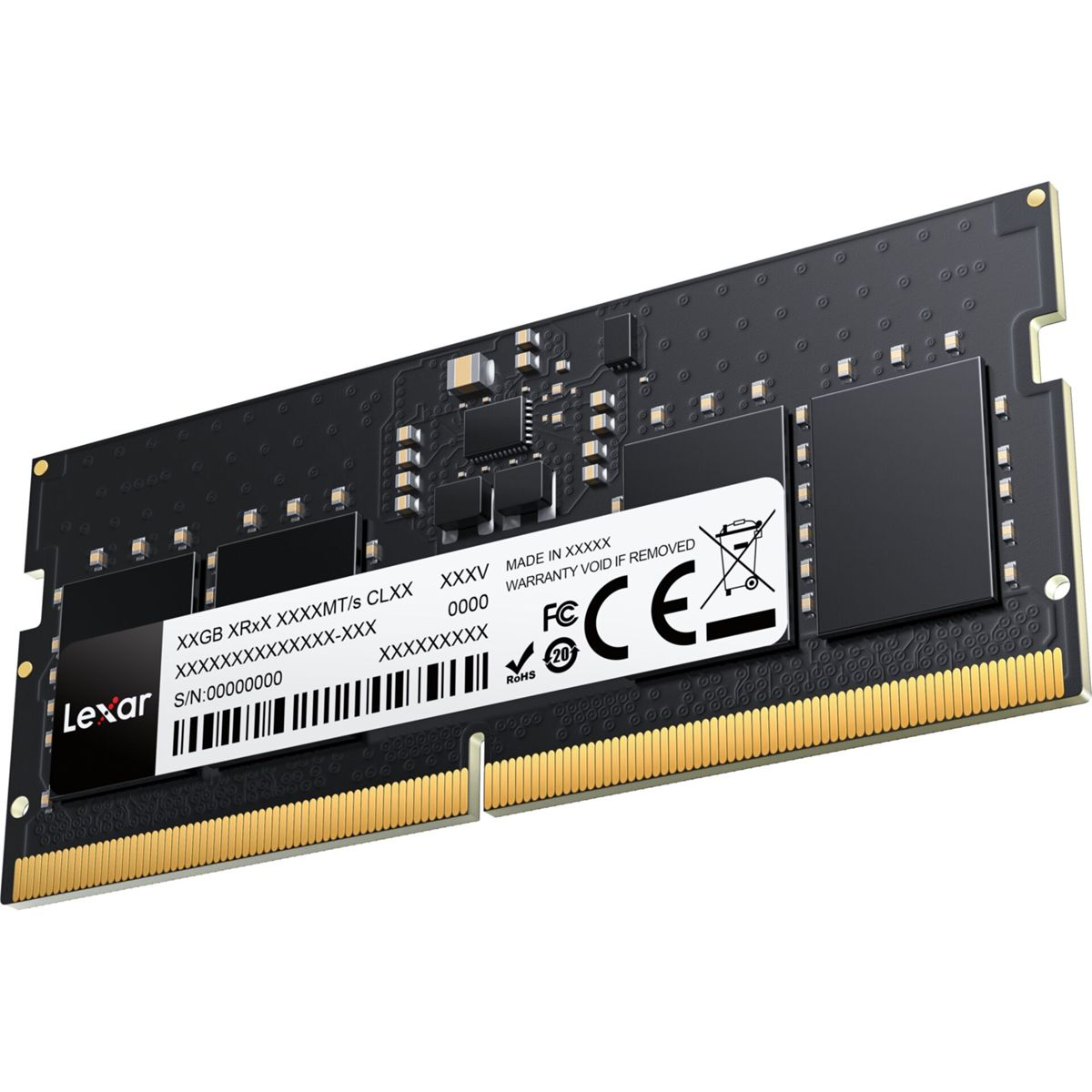 Schwarzes Lexar Laptop-RAM-Modul mit Aufkleber, goldenen Kontakten und verschiedenen kleinen Chips.