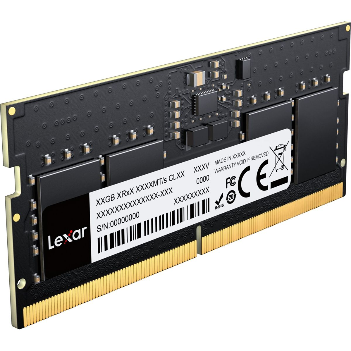 Ein schwarzes Lexar RAM-Modul mit goldenen Kontakten und einem Produktaufkleber auf einer Platine.