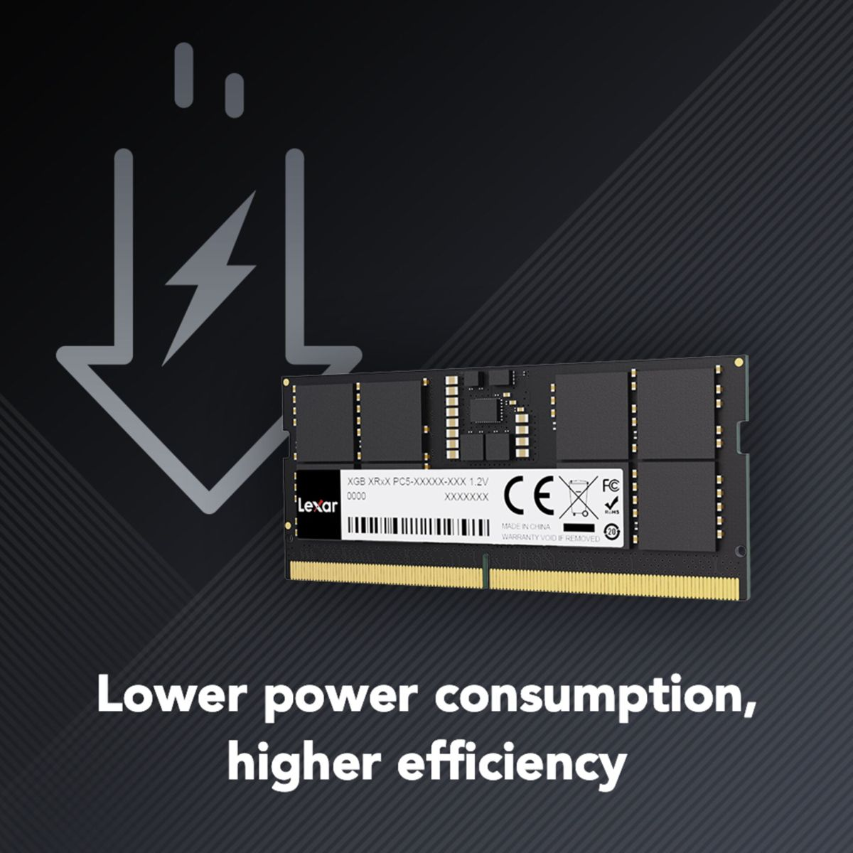 Lexar-RAM-Stick auf schwarzem Hintergrund mit Blitzsymbol und Text 'Lower power consumption, higher efficiency'.