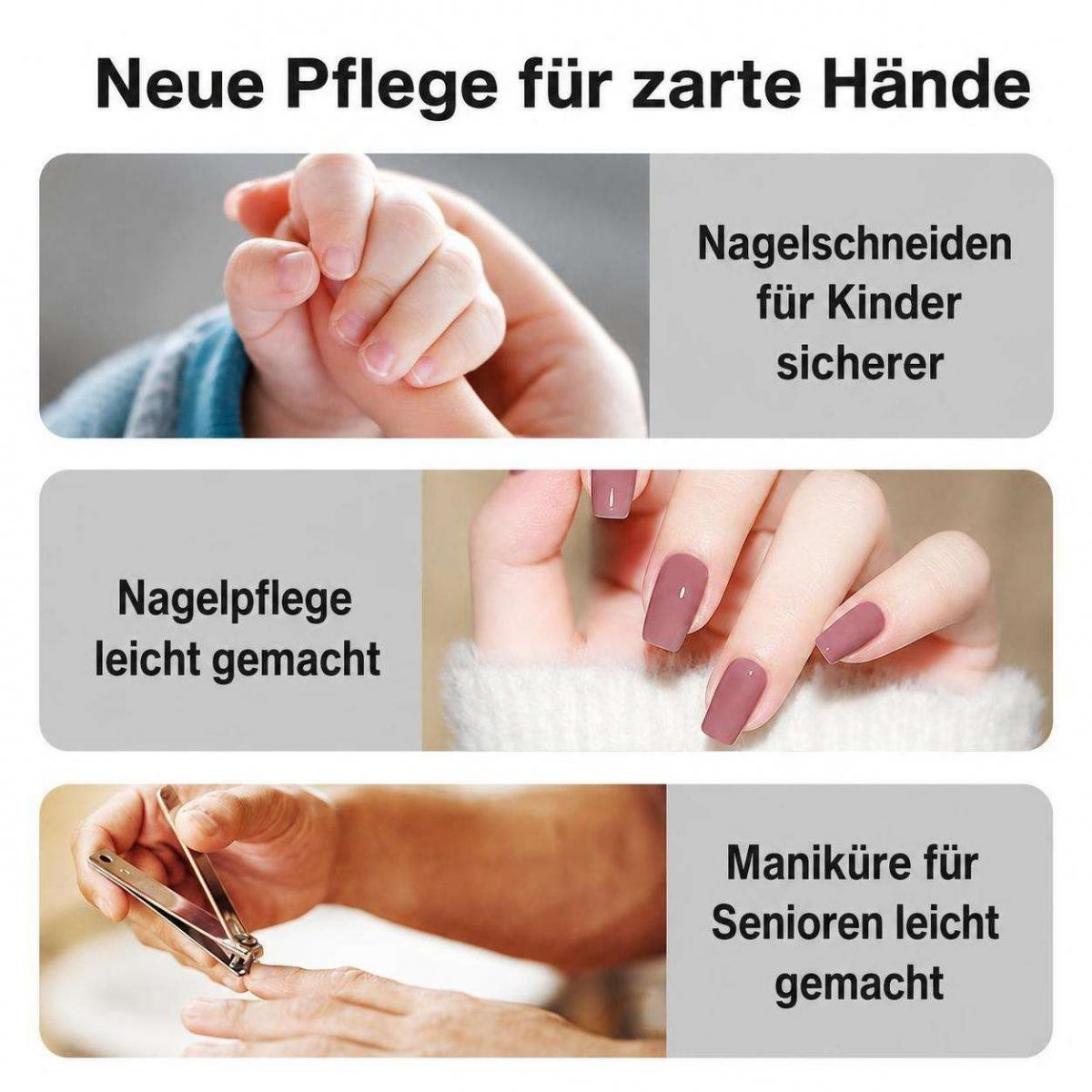 Banner mit drei Bildern zeigt Nagelpflege für Kinder, schönes Nageldesign und Nagelpflege für Senioren.