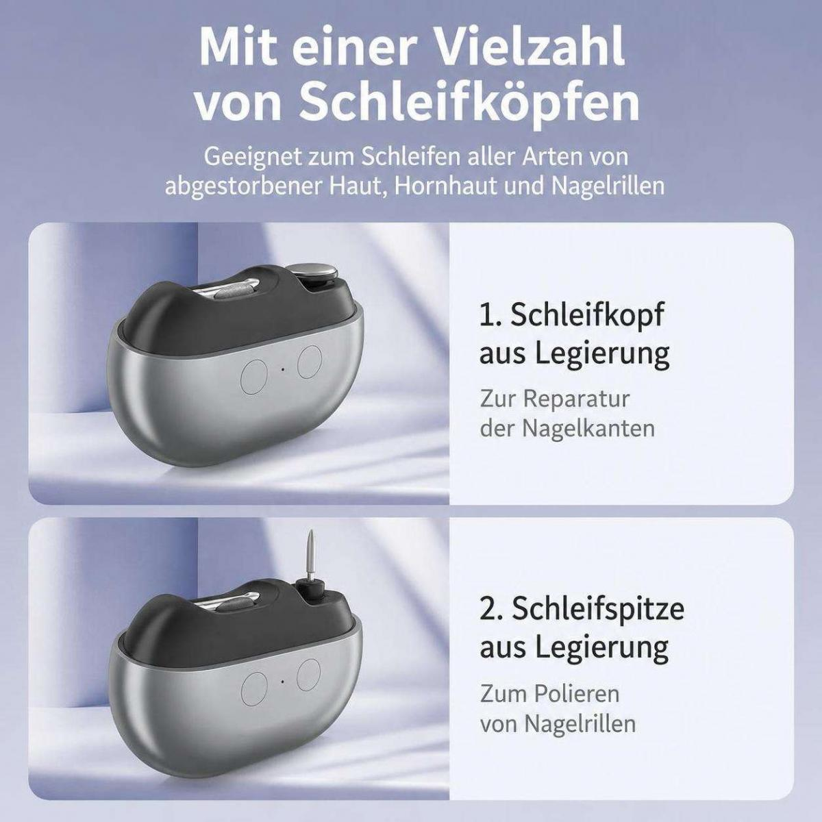 Nagelpflegemittel mit zwei verschiedenen Aufsätzen für Legierungen und Nagelränder.