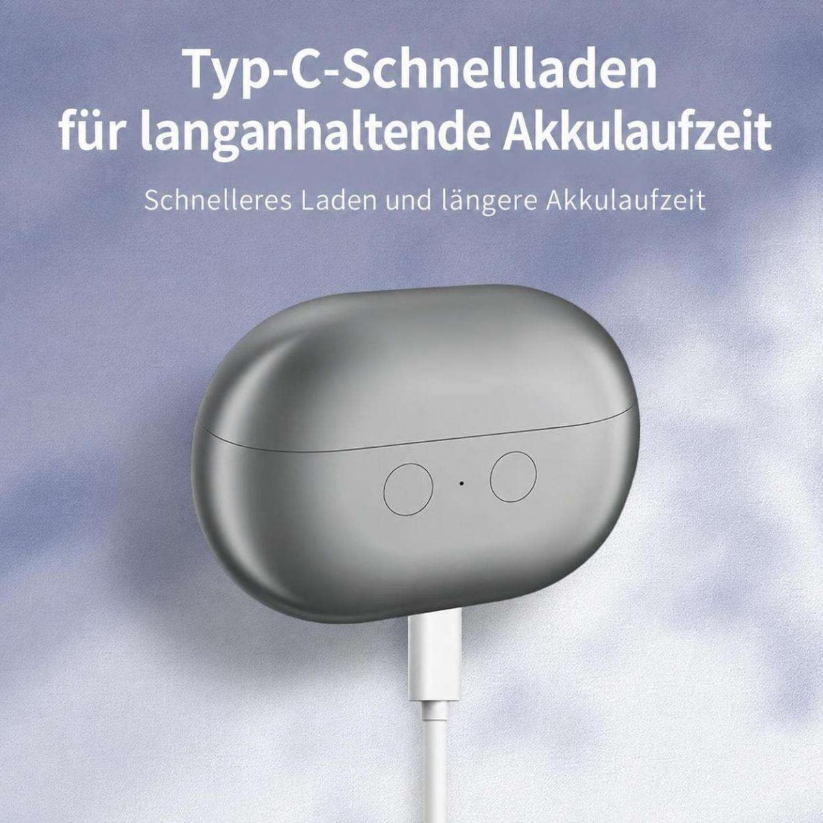 Graues Ladecase mit Typ-C-Kabel auf blauem Hintergrund und deutschem Text.