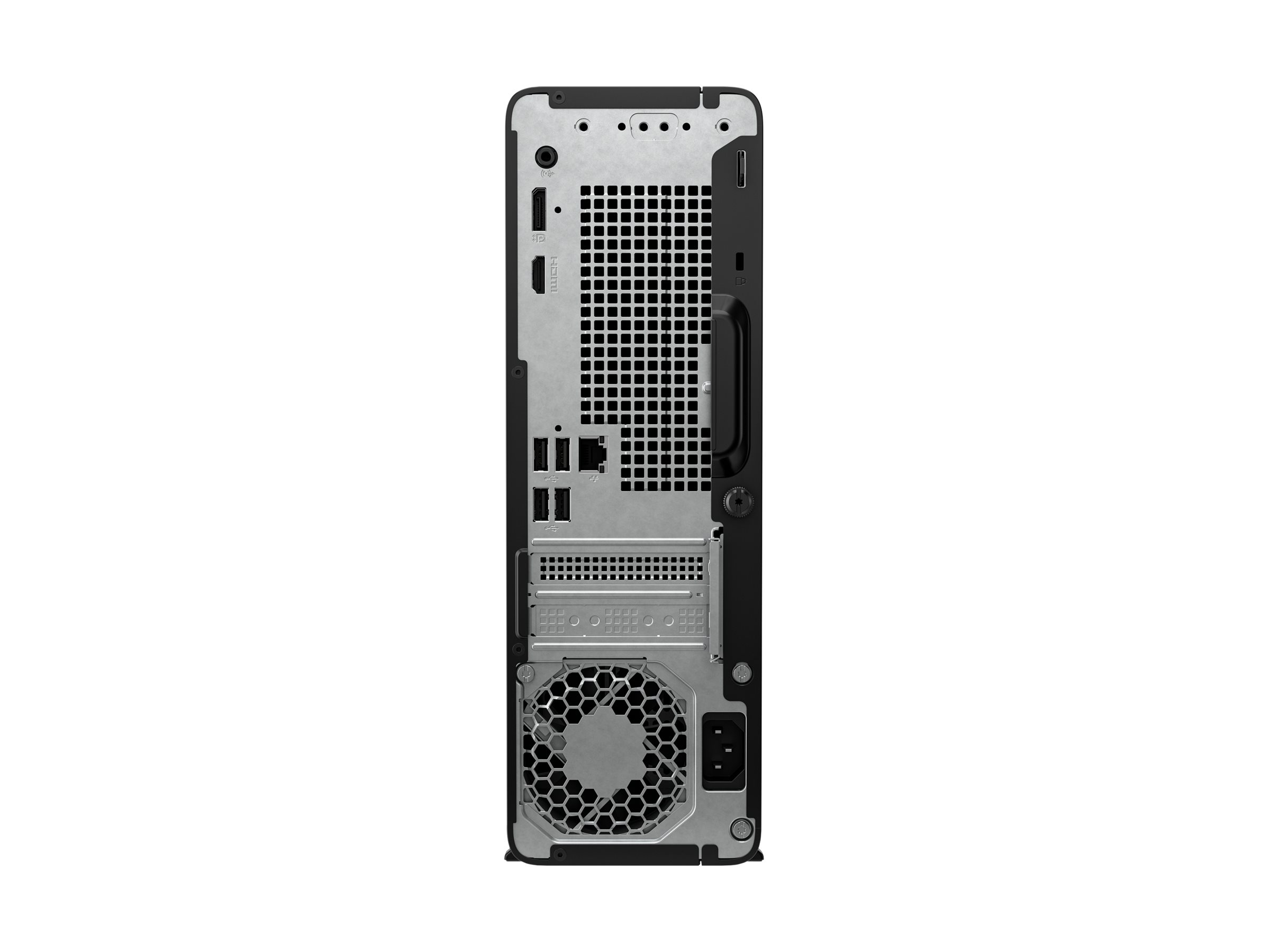 Rückseite eines schwarzen Desktop-PCs mit Lüftungsgitter, USB-Anschlüssen, HDMI und Netzkabelanschluss auf weißem Grund.