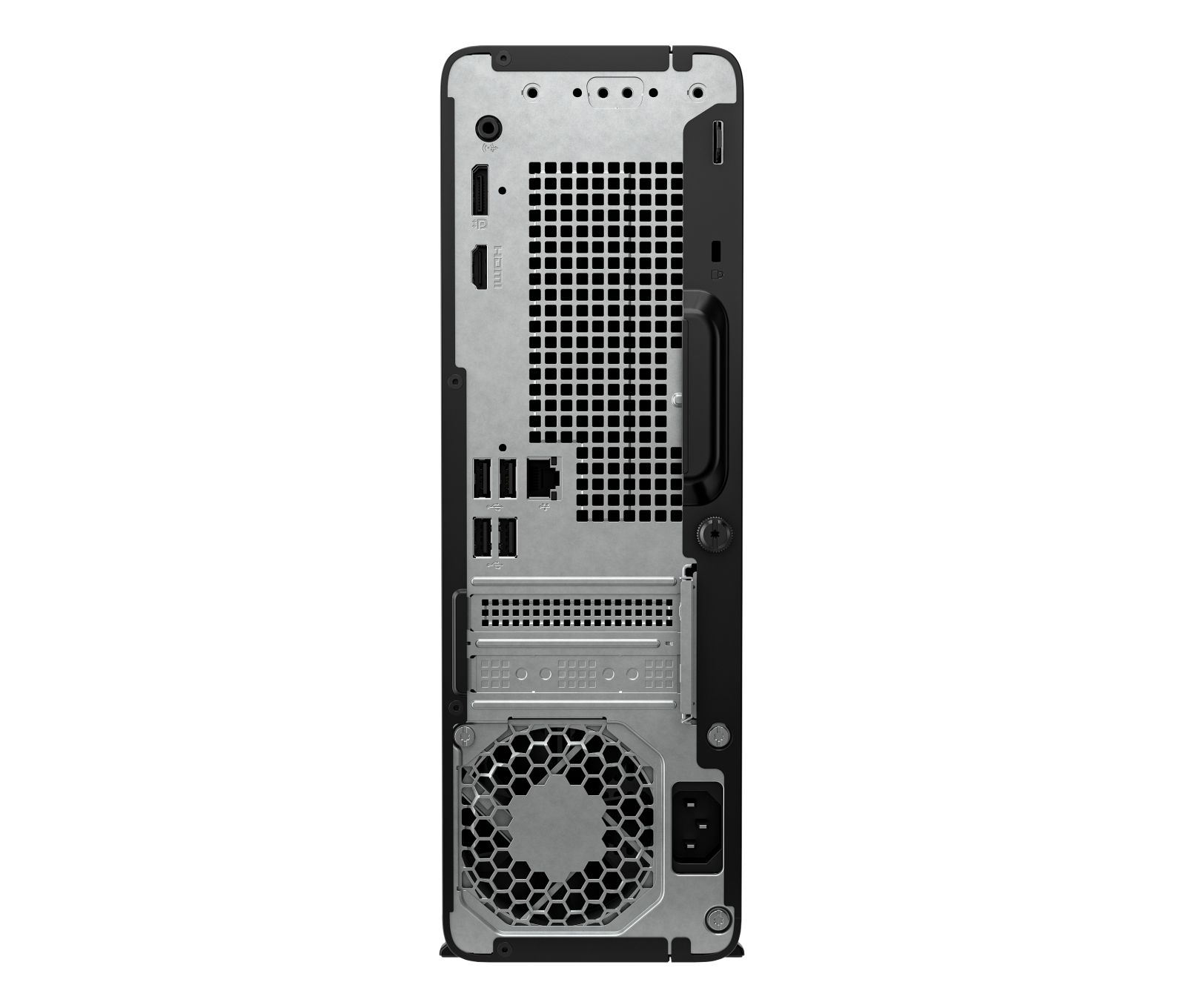 Rückansicht eines schwarzen Desktop-Computer-Towers mit verschiedenen Anschlüssen, Lüftungsgittern und einem Lüfter.