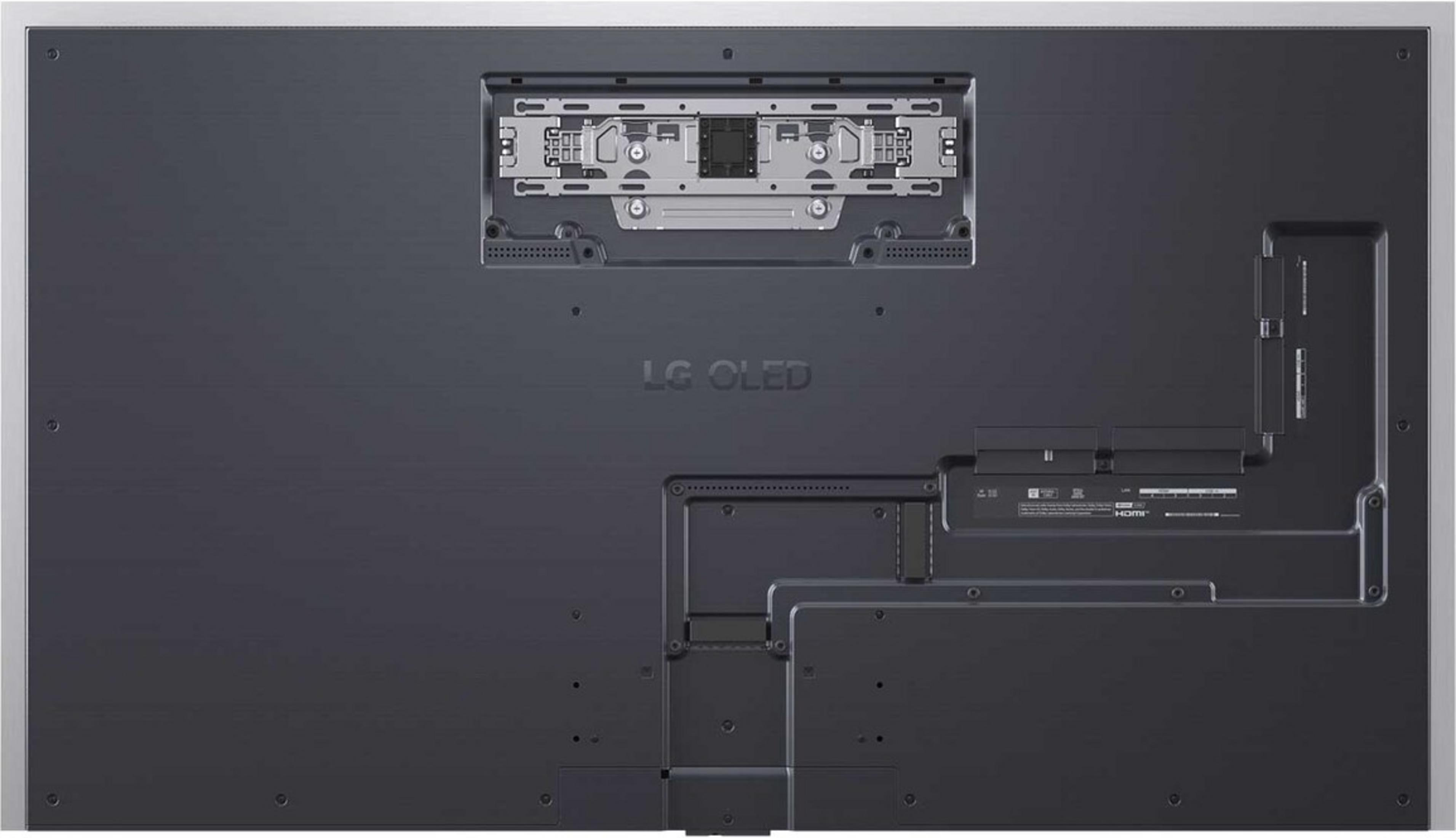 Vue arrière d'un téléviseur LG OLED gris foncé, montrant le support, les ports et le logo.