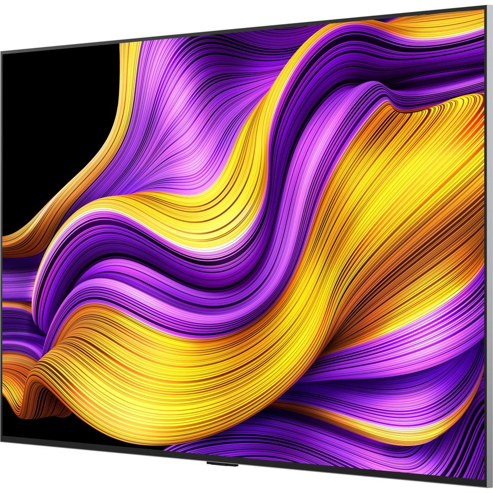 Un téléviseur affiche un design abstrait de lignes violettes et jaunes sur fond noir.
