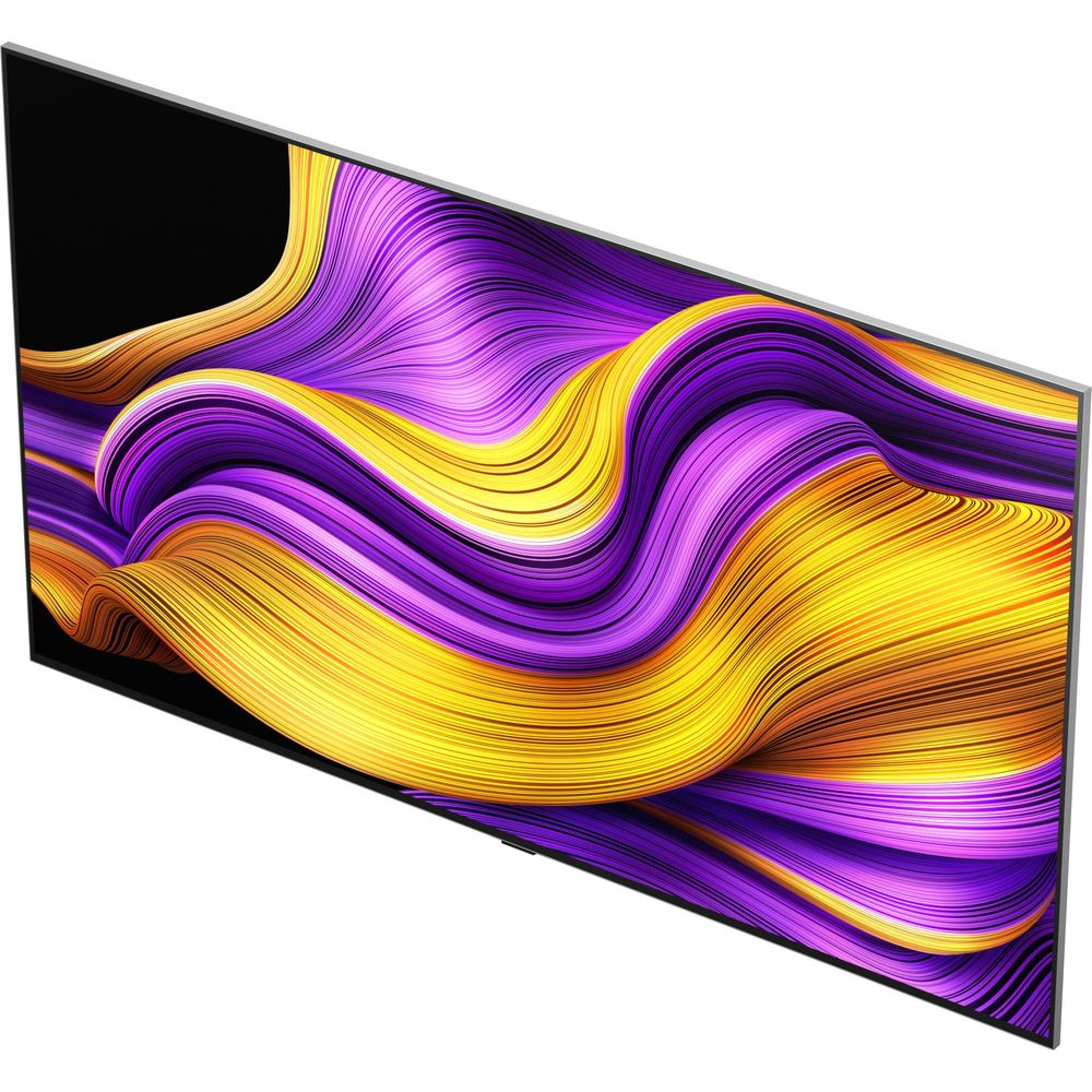 Un téléviseur moderne affichant un fond d'écran abstrait aux vagues violettes et jaunes.