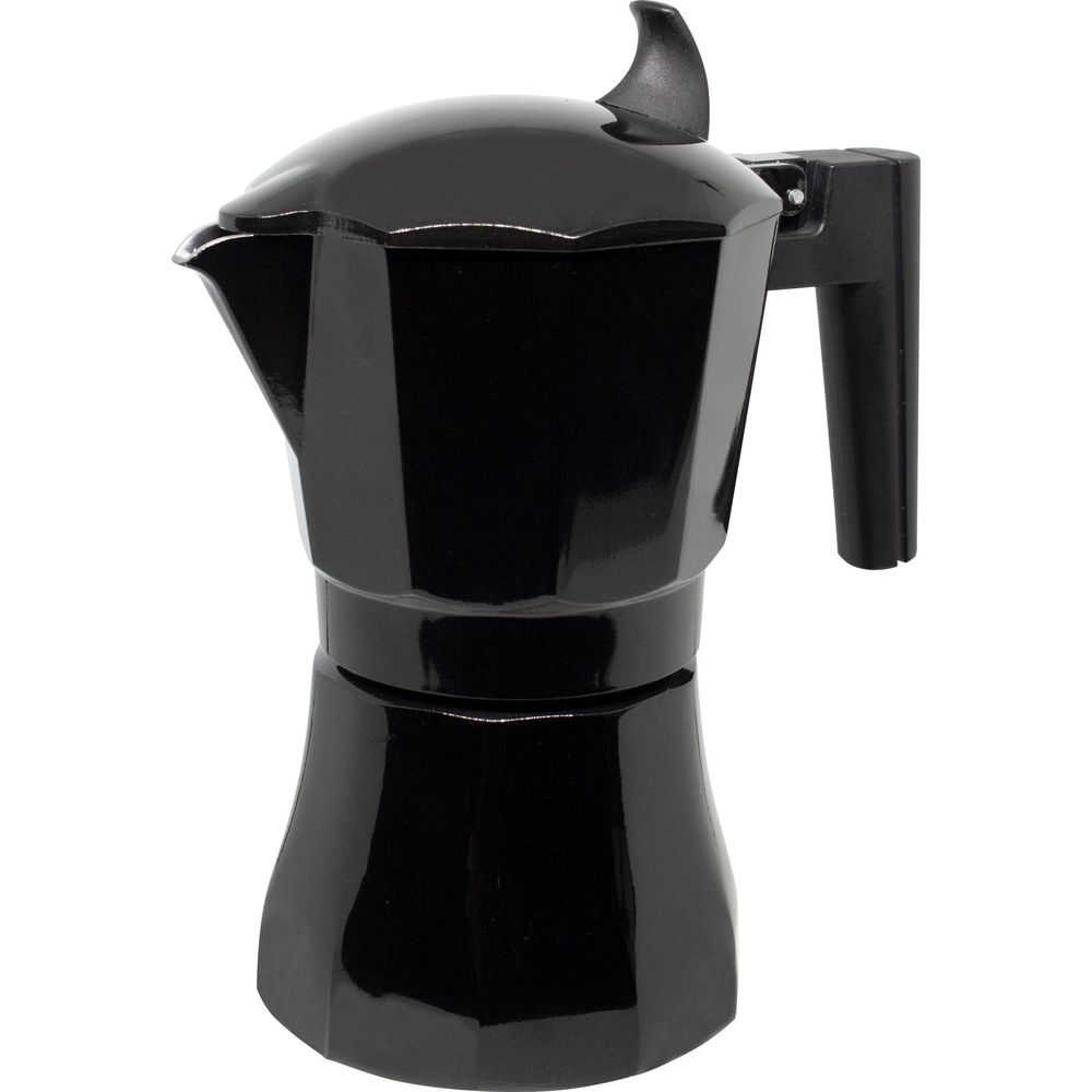 Une cafetière italienne moka noire brillante au design octogonal classique sur fond blanc.