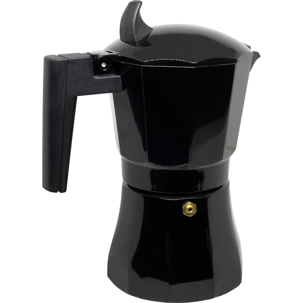 Une cafetière italienne noire avec une finition brillante et une poignée en plastique noir sur fond blanc.