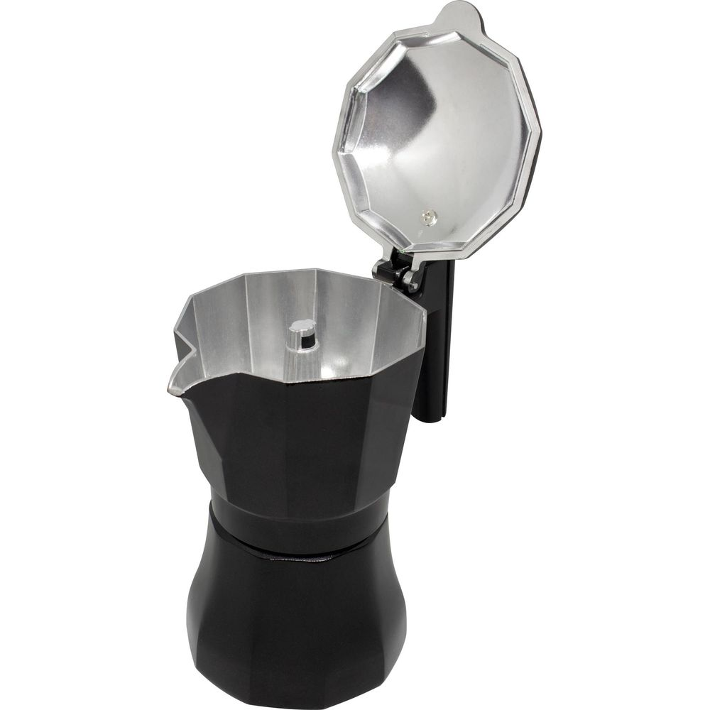 Une cafetière italienne noire avec un couvercle argenté ouvert sur fond blanc.