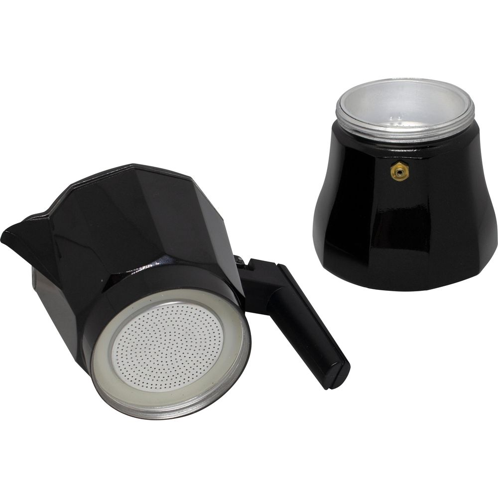 Deux parties d'une cafetiere moka noire separees sur fond blanc.