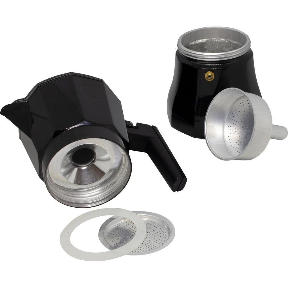 Une cafetière italienne noire démontée avec filtre, joint et base sur fond blanc.
