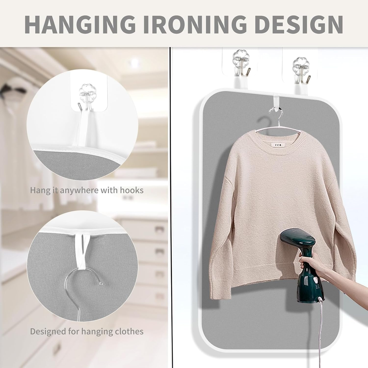 Eine graue Hänge-Bügelmatte an einer Wand mit einem beige Pullover auf einem Bügel.