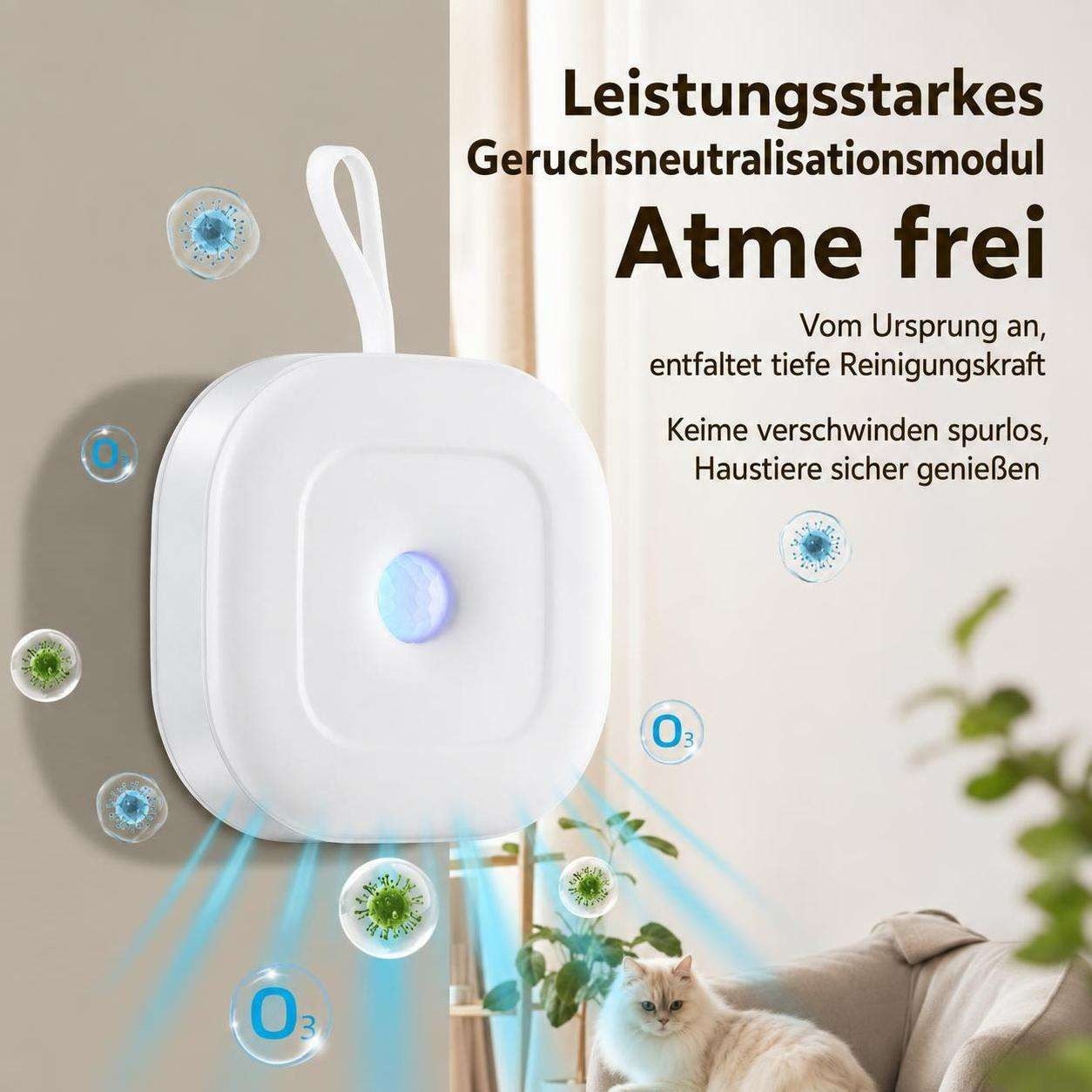Ein weißes Geruchsneutralisationsmodul mit blauem Knopf und deutscher Werbetext neben einer weißen Katze.