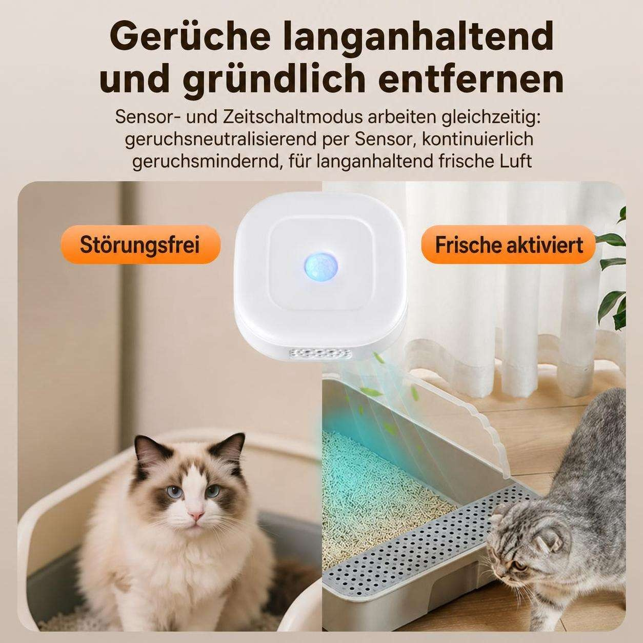Ein weißes Geruchsbeseitigungsgerät über einer Katzentoilette, mit zwei Katzen im Vordergrund und deutschem Text.