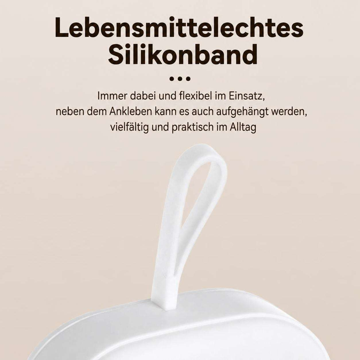 Ein weißes Silikonband auf hellem Hintergrund mit deutschem Text über lebensmittelechtes Material.