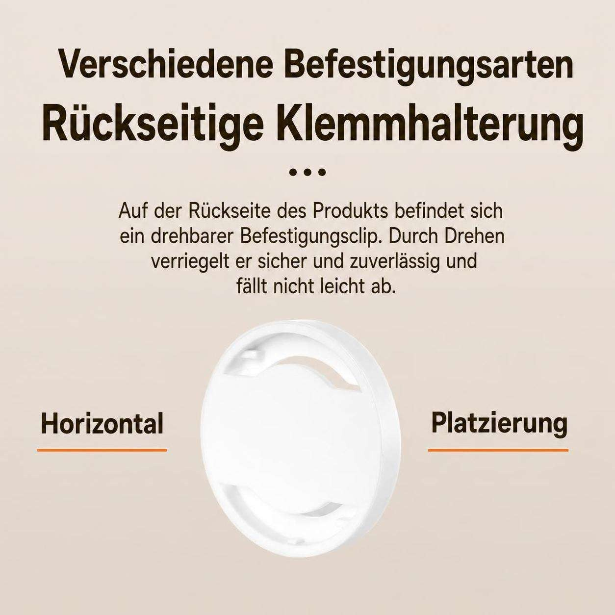 Diagramm zeigt verschiedene Befestigungsarten mit drehbarem Klemmhalter zur horizontalen Platzierung.