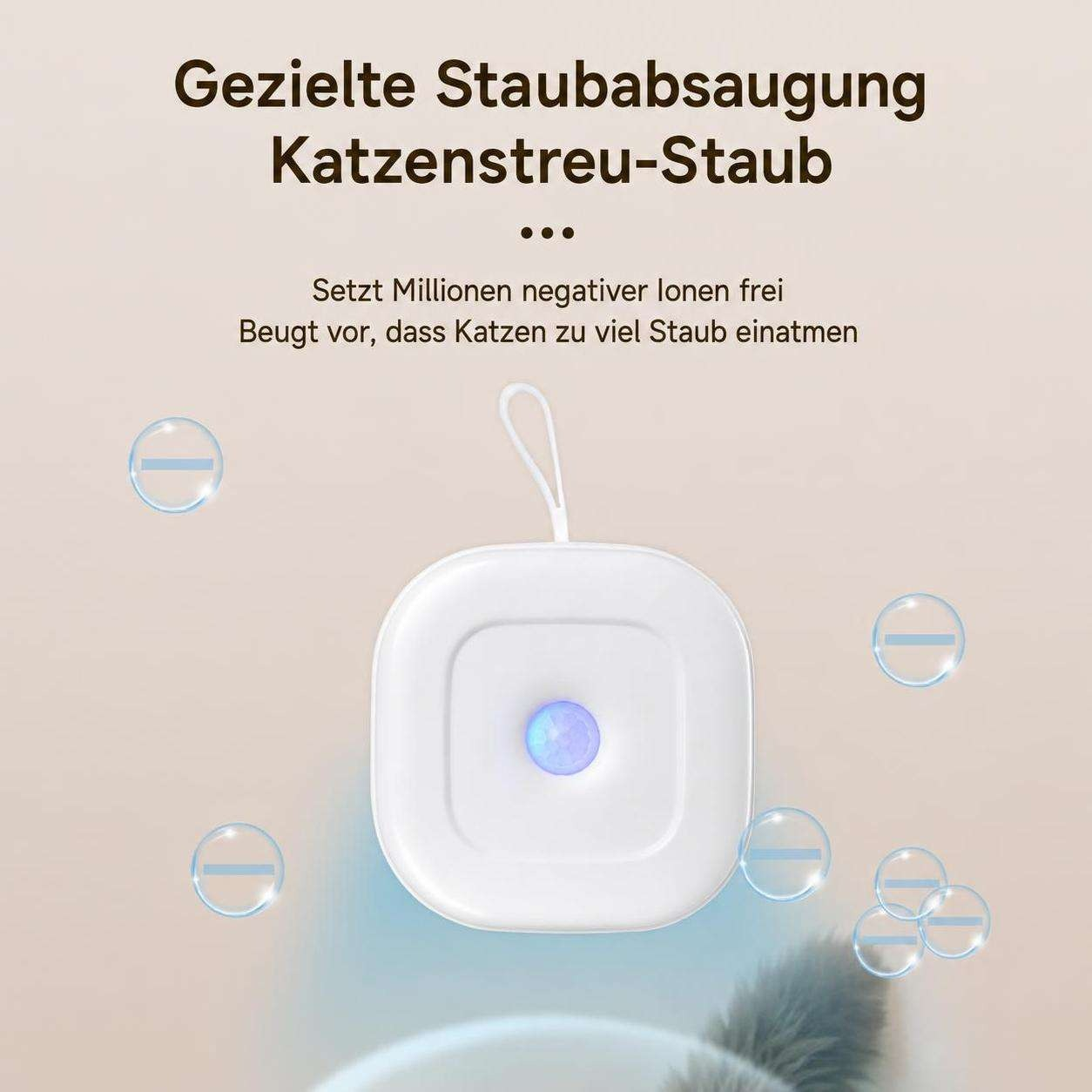 Ein weißes Gerät mit blauem Indikator und schwebenden Symbolen für negative Ionen auf hellem Hintergrund.