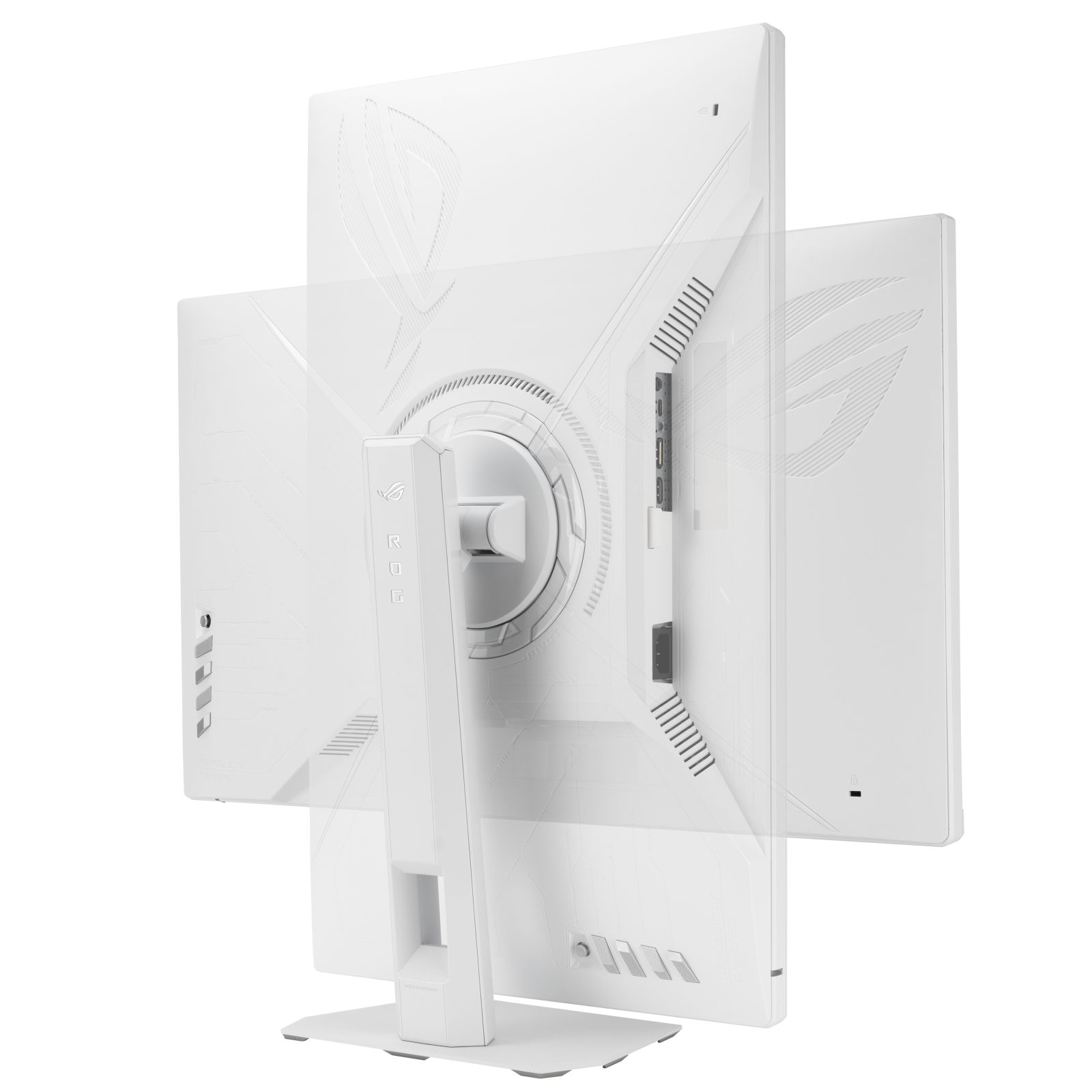 Vista posteriore di un monitor bianco in varie orientazioni su sfondo bianco.