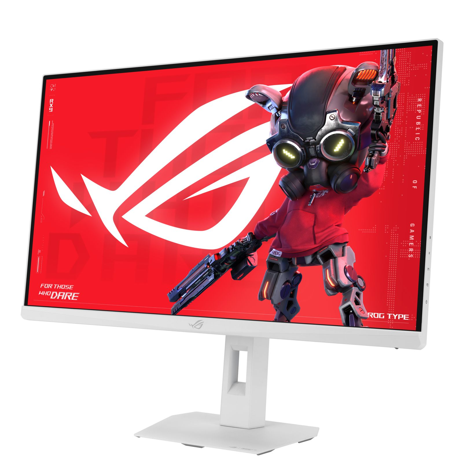 Un monitor ROG bianco mostra un robot su sfondo rosso con logo bianco.