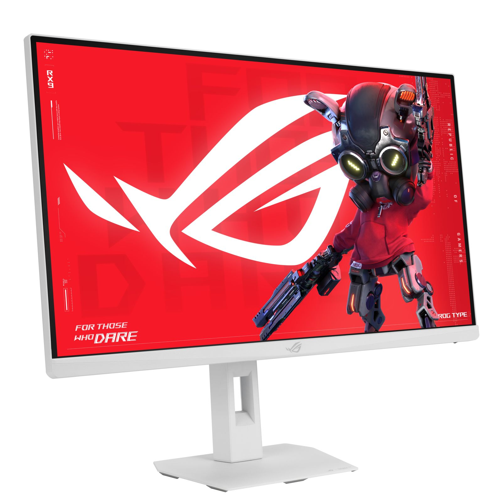 Monitor bianco con schermo rosso, logo ASUS ROG e personaggio armato.