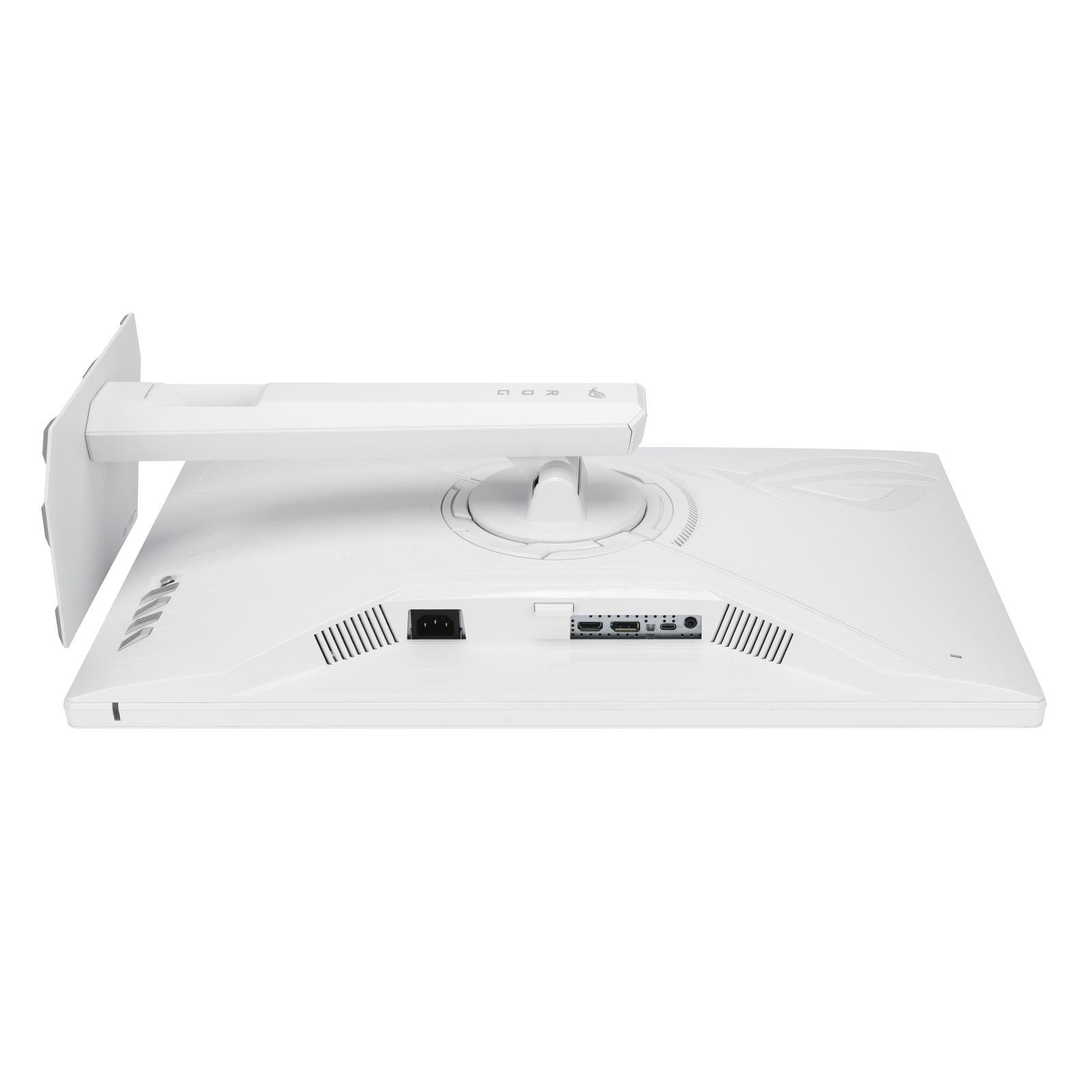 Retro di un monitor bianco che mostra il supporto, le fessure di ventilazione e varie porte di connessione.