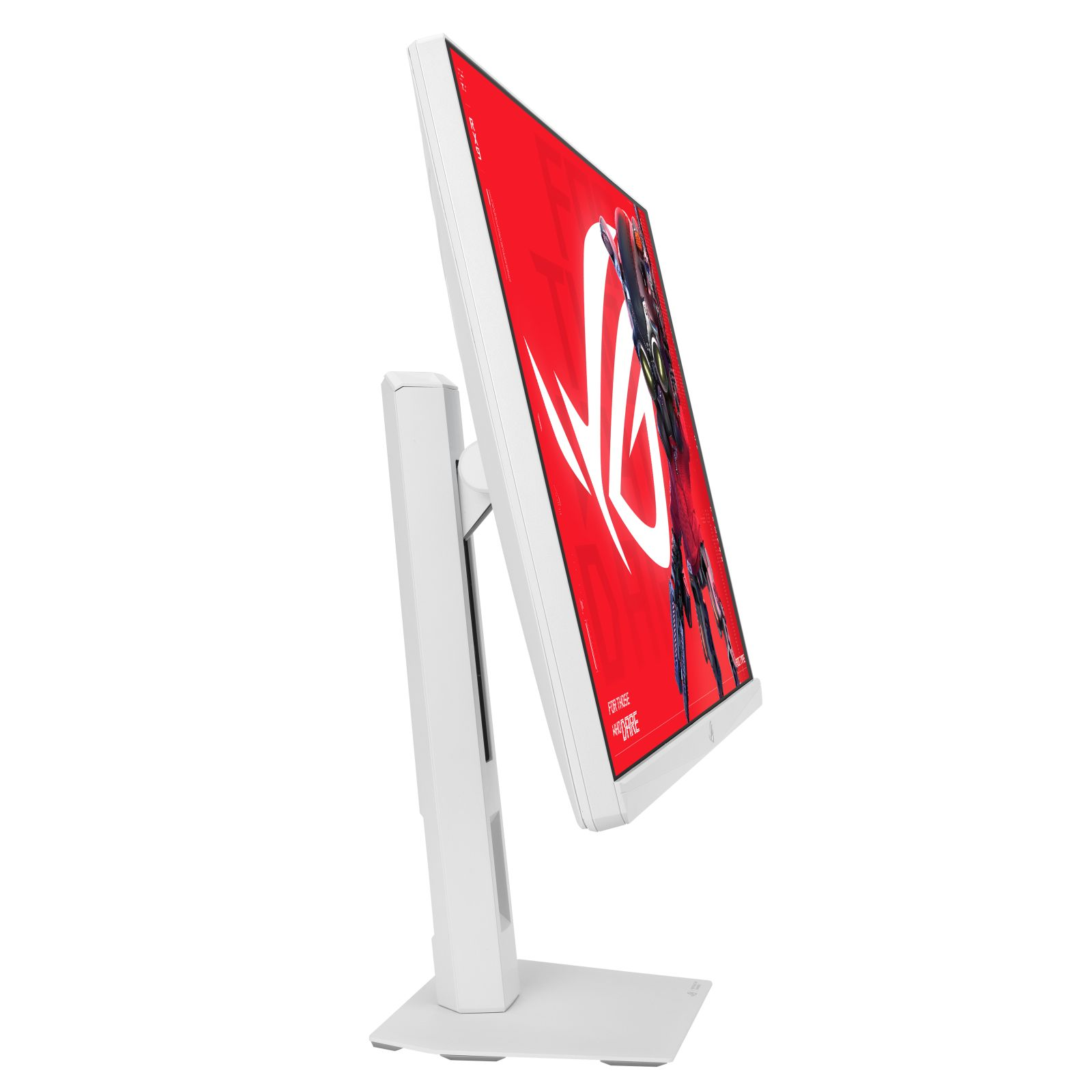 Un monitor da gioco bianco su supporto con schermo rosso.