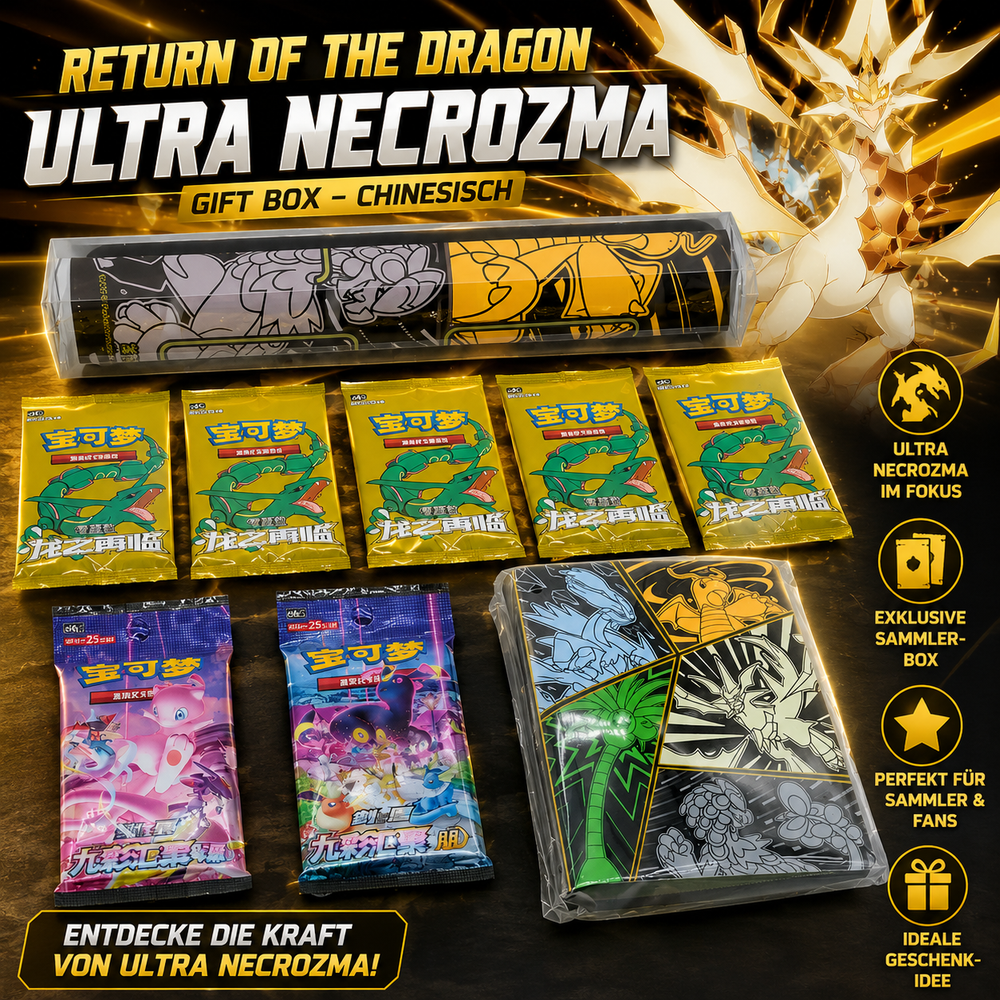 Ultra Necrozma Pokémon Geschenkbox mit Boosterpacks, einer Spielmatte und einer Sammelbox auf goldenem Hintergrund.