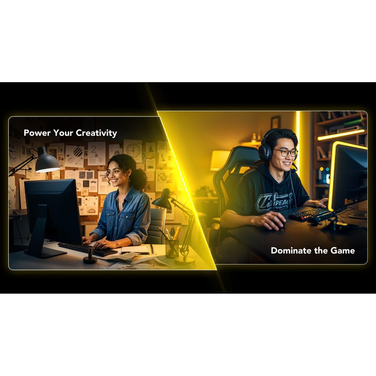 Lo schermo diviso mostra una donna che lavora in modo creativo a sinistra e un uomo che gioca al PC a destra.