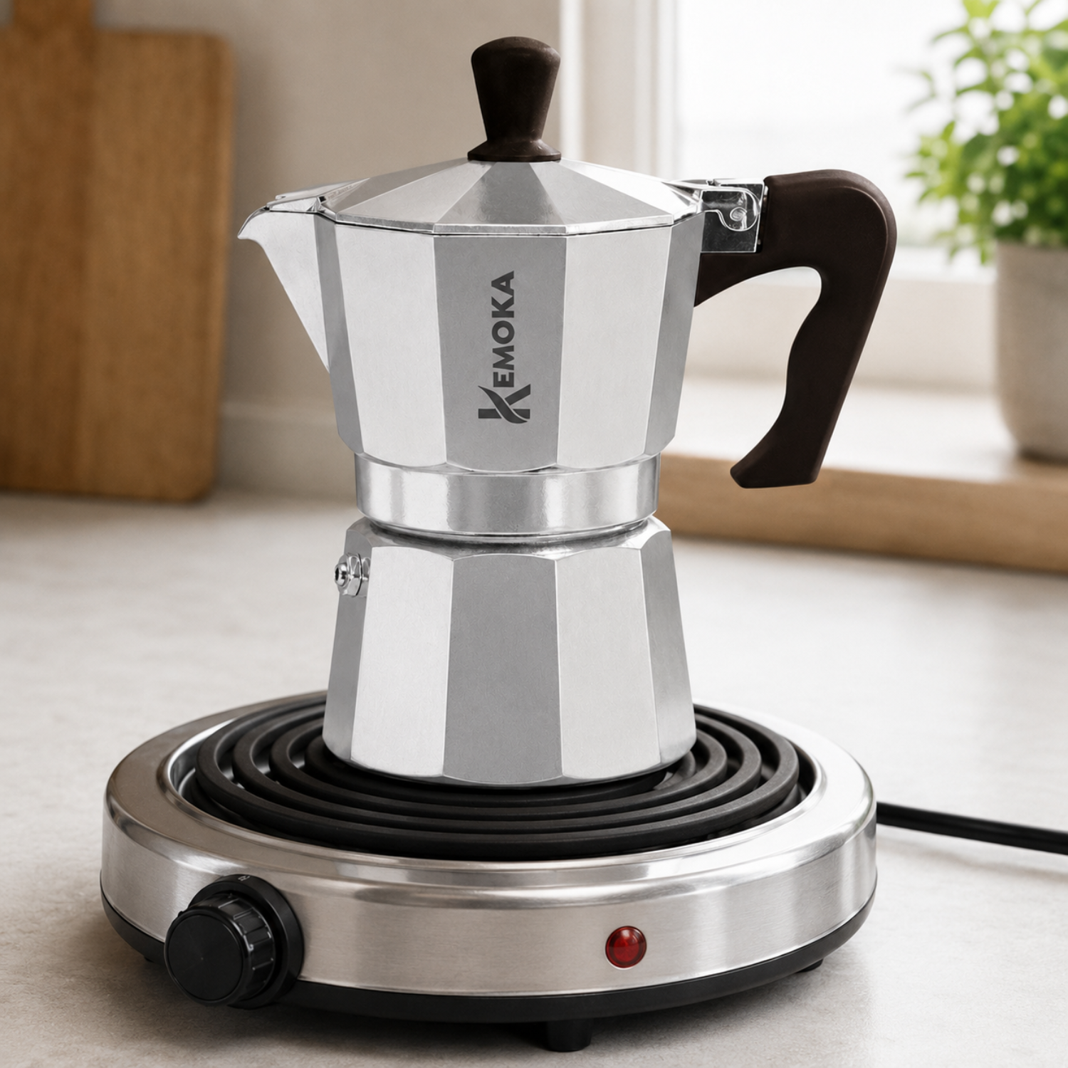 Una moka argentata su un fornello elettrico tondo in cucina, con finestra e pianta sullo sfondo.