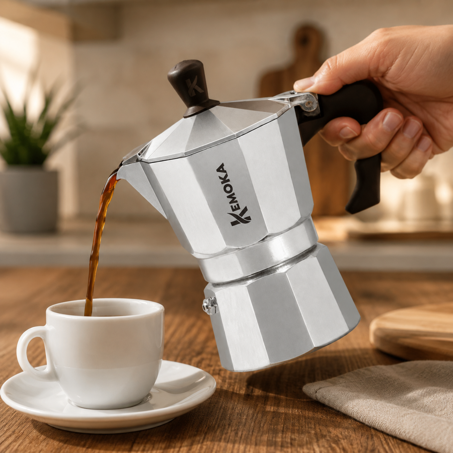 Una mano versa il caffè da una moka argentata in una tazza bianca su un tavolo di legno.
