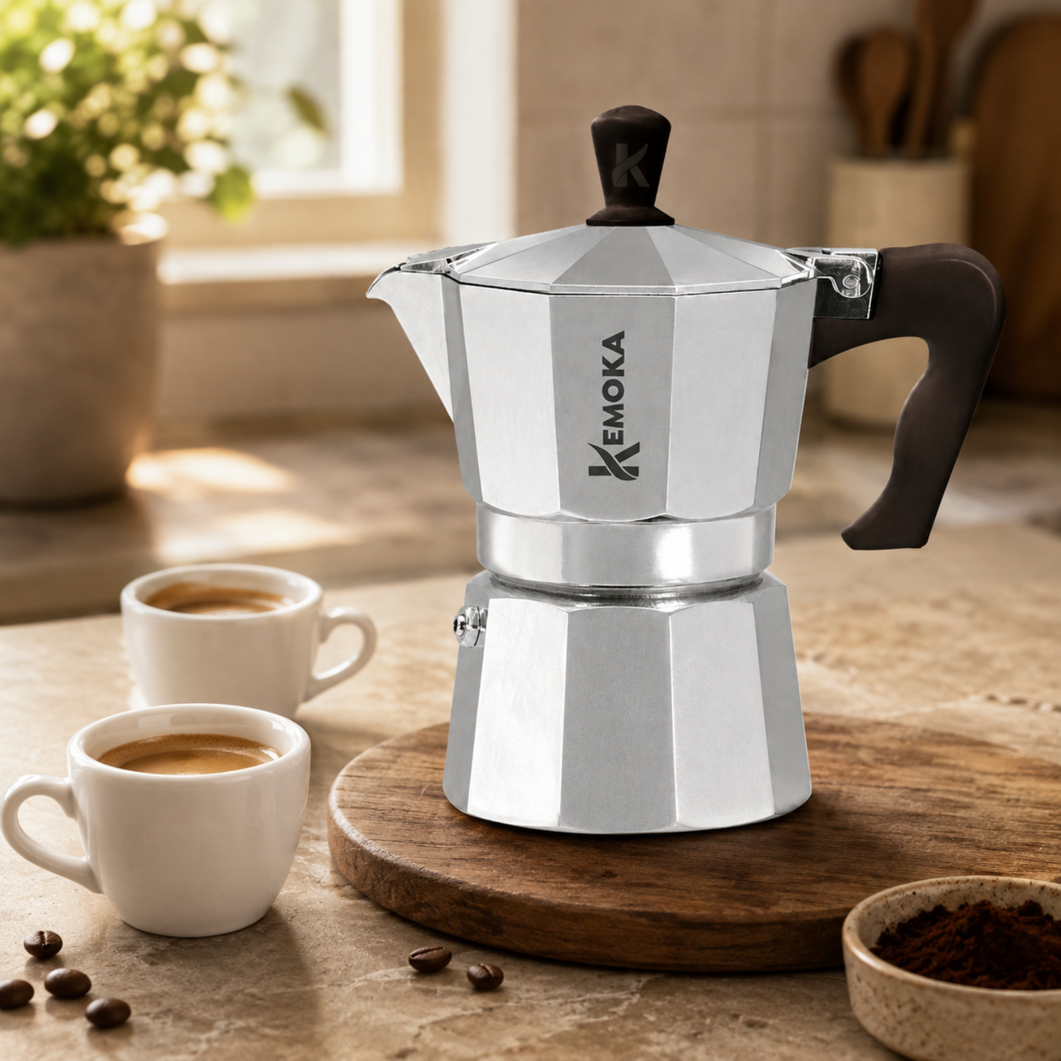 Una moka su un asse di legno con due tazzine di espresso, chicchi e caffè macinato in una cucina.