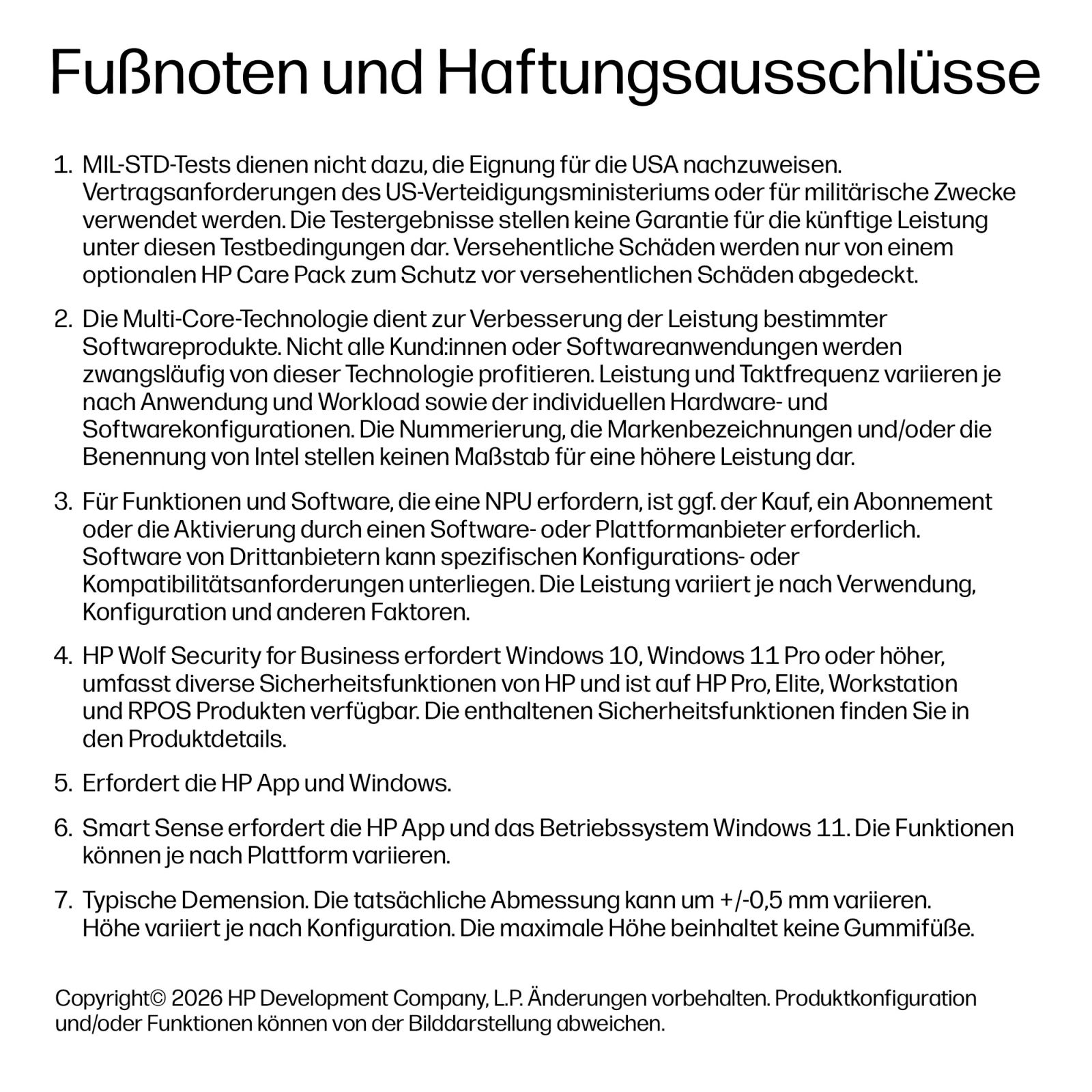 Ein weißes Dokument mit schwarzem Text zeigt HP Fußnoten und Haftungsausschlüsse.