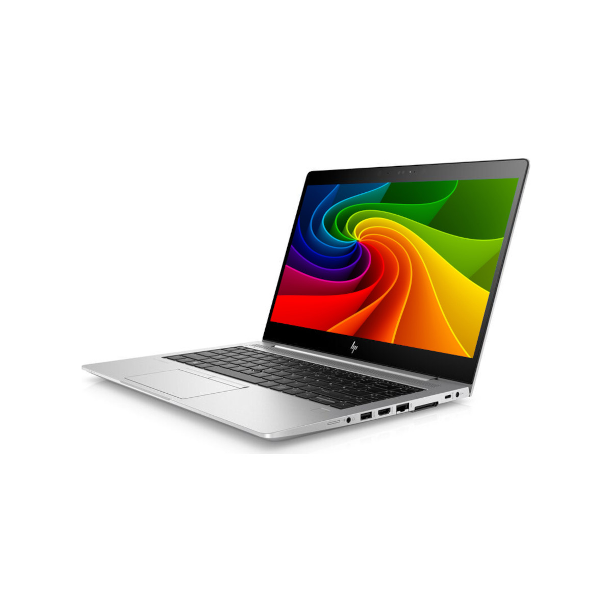 Ein silberner Laptop mit schwarzer Tastatur und einem bunten, spiralförmigen Bildschirmhintergrund.
