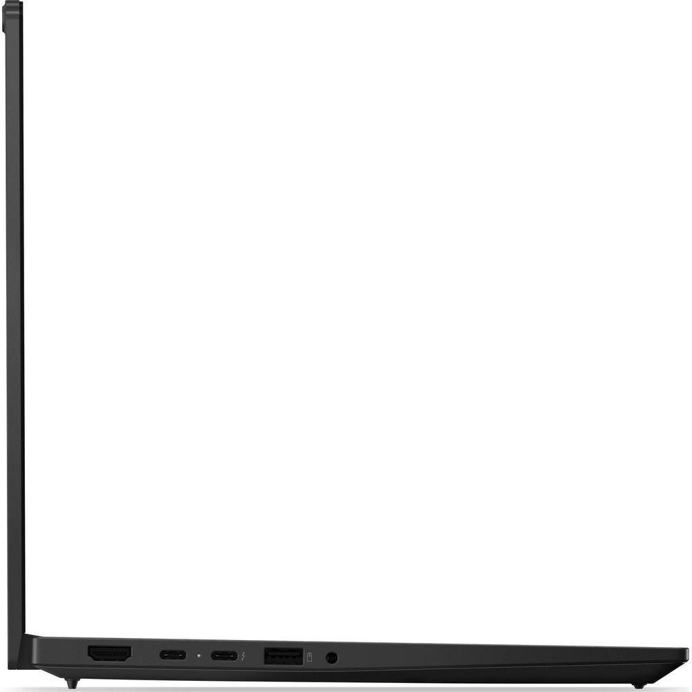 Vista laterale di un laptop nero che mostra porte come HDMI, USB-C e jack audio sul bordo sinistro.