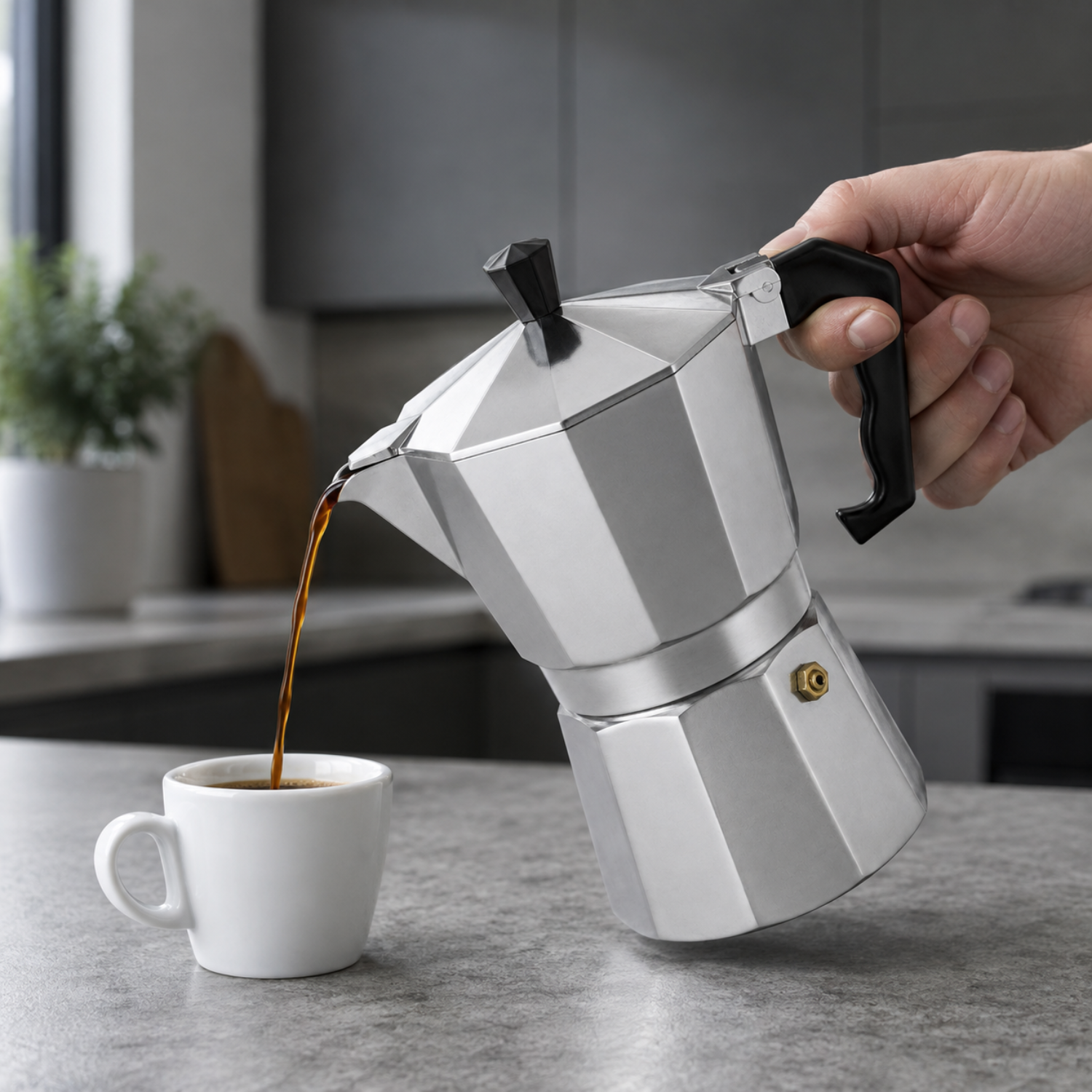 Una mano versa il caffè da una moka d'argento in una tazza bianca su un piano di lavoro grigio.