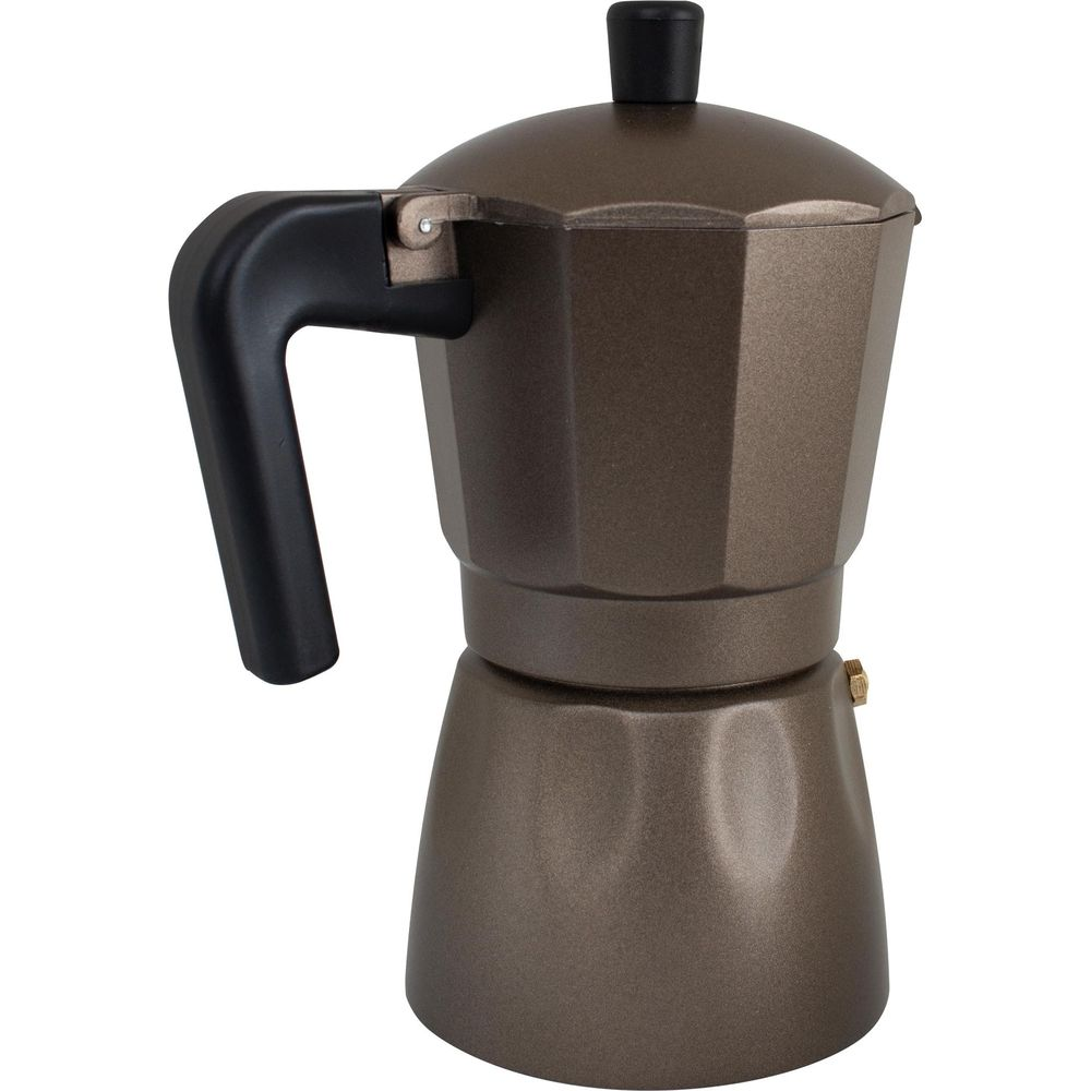 Una moka marrone metallizzato con manico e pomello neri su sfondo bianco.