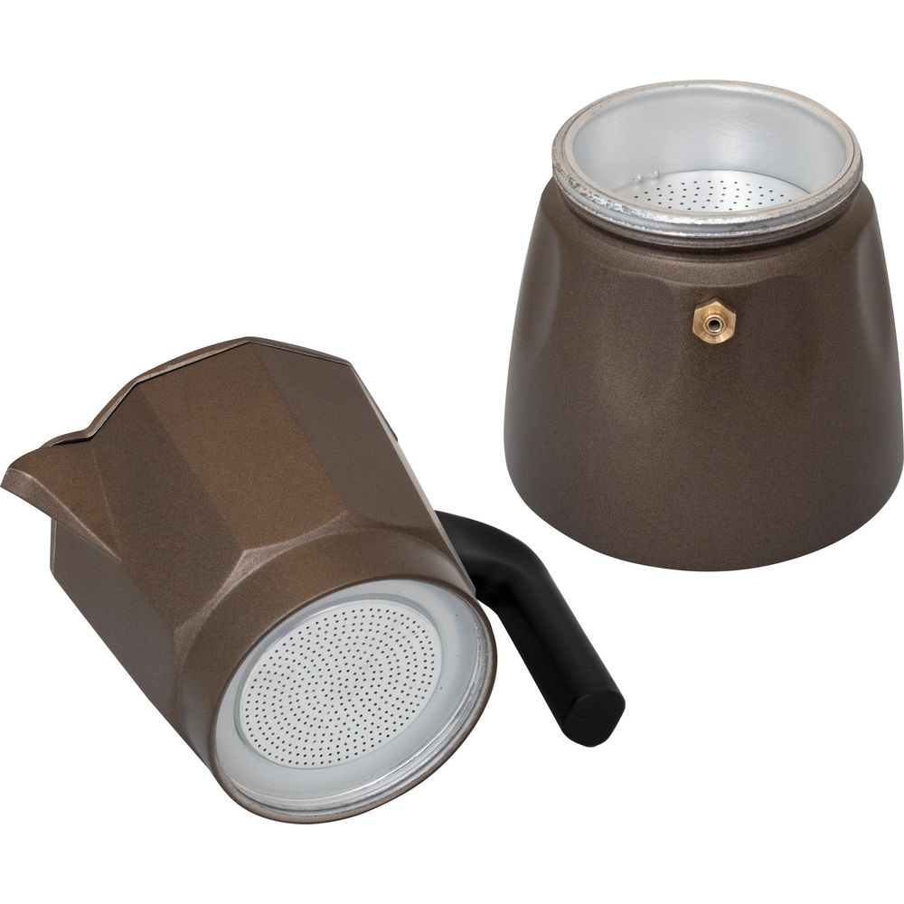 Due parti di una moka marrone separate su sfondo bianco.