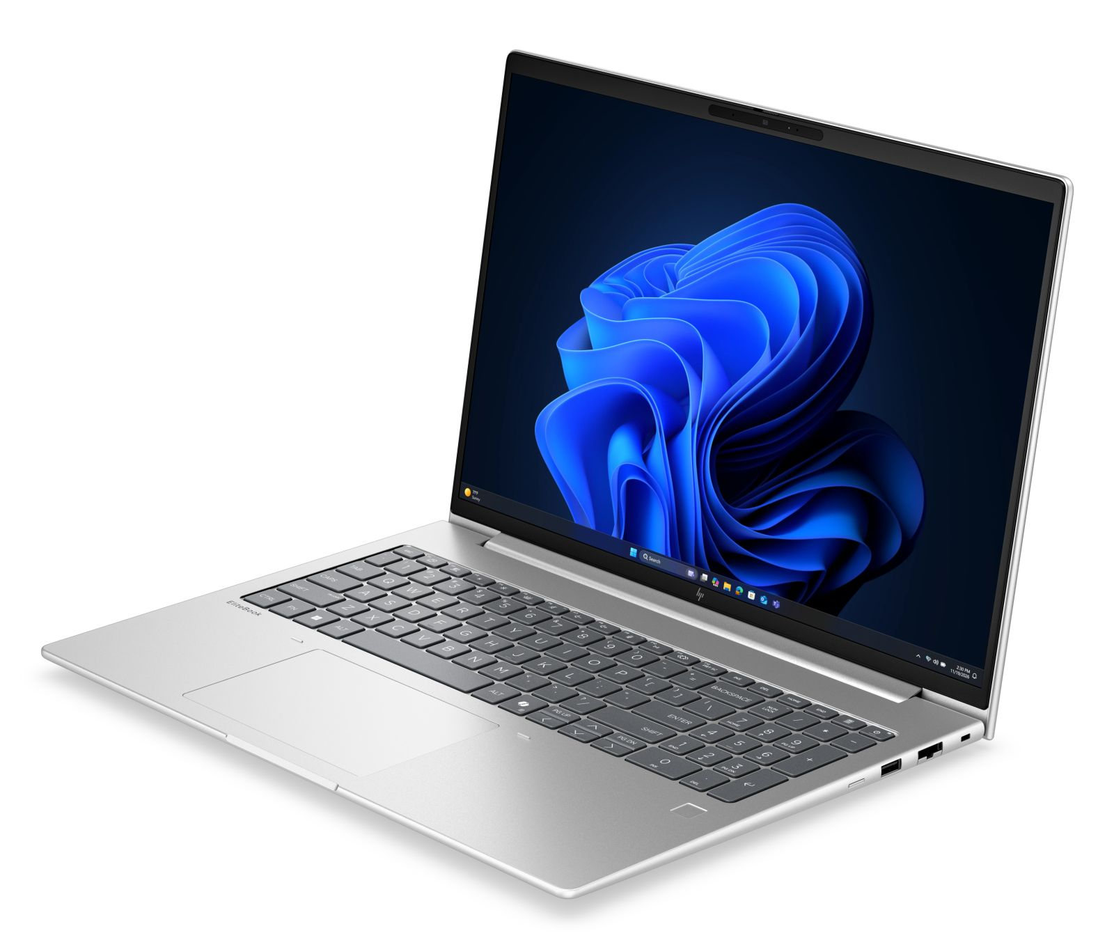 Silberner Laptop mit schwarzer Tastatur und blauem Wellen-Hintergrundbild.