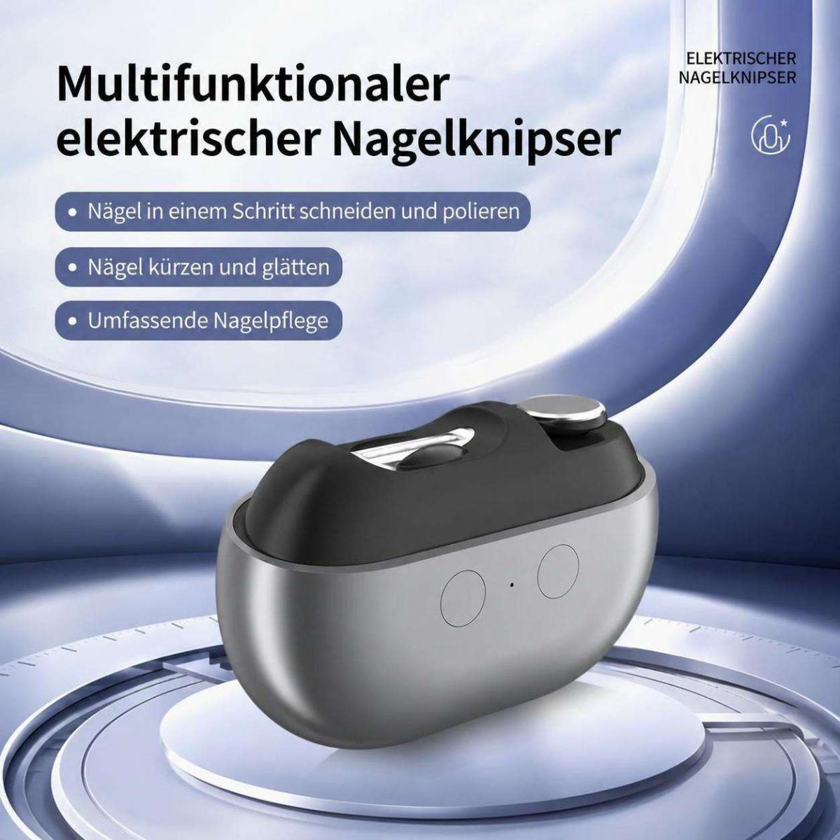 Ein silberner elektrischer Nagelknipser mit schwarzen Elementen und Text auf blauem Hintergrund.