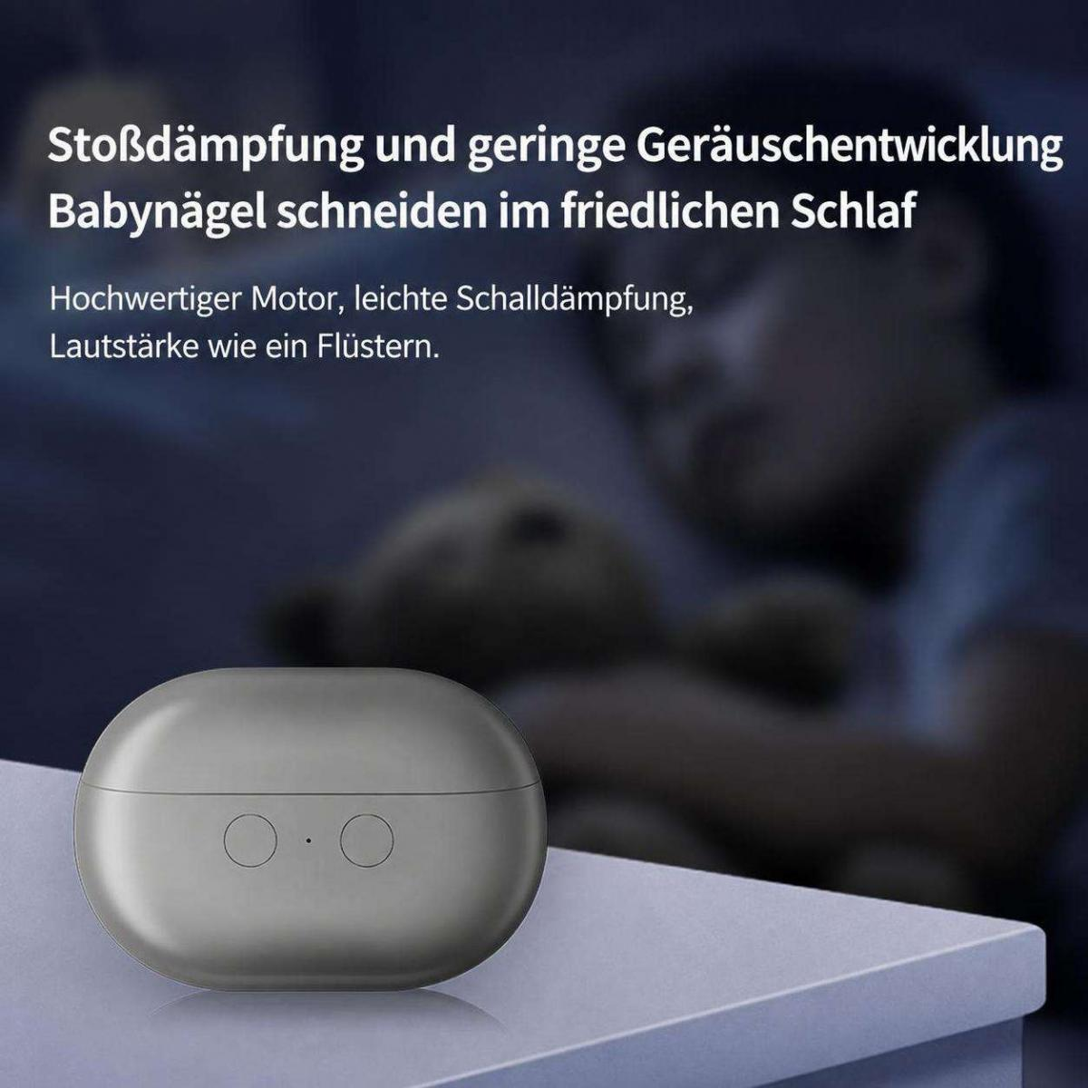 Ein grauer Behältnis auf einer Oberfläche vor dem verschwommenen Bild eines schlafenden Babys und deutschem Text.
