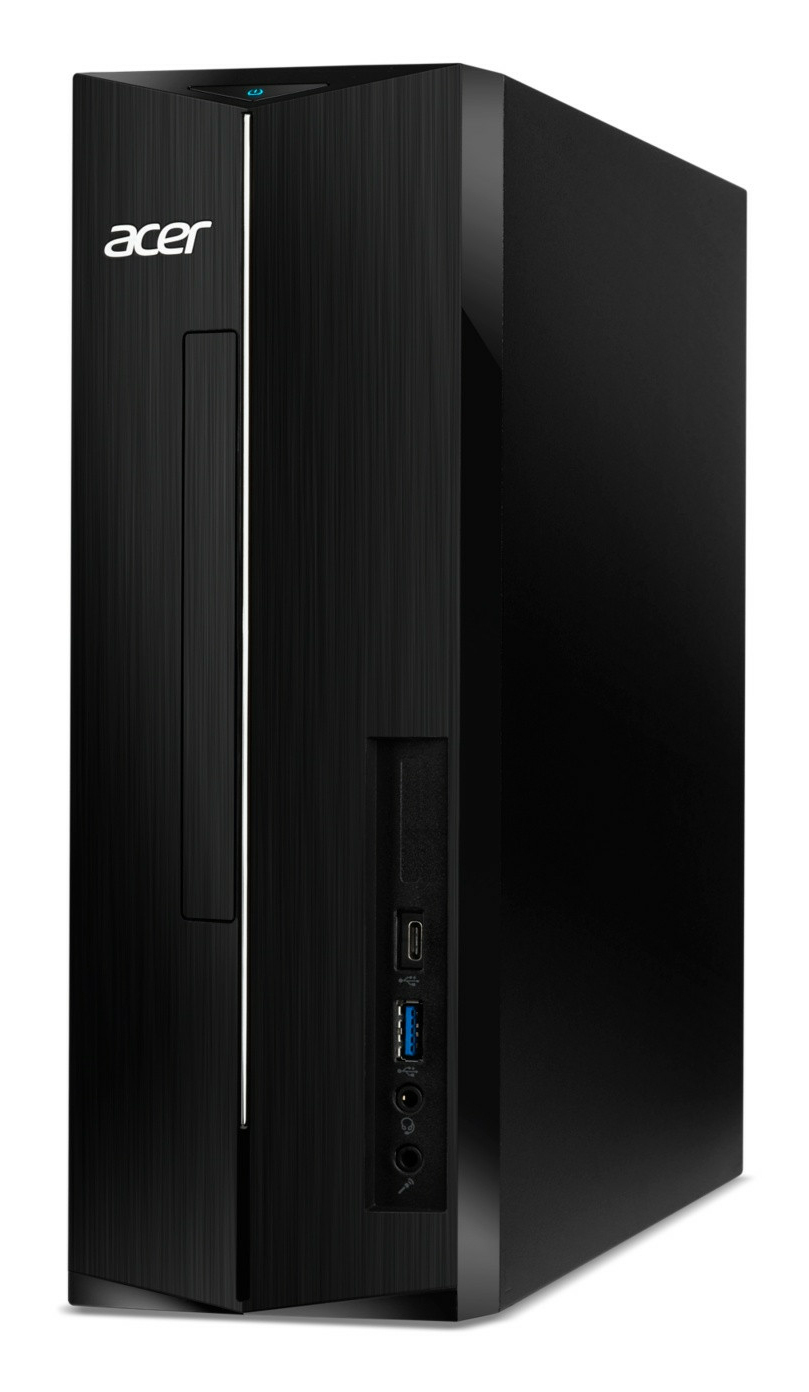 Ein schwarzer Acer-Desktop-Computer-Tower mit Frontanschlüssen und gebürsteter Oberfläche vor weißem Hintergrund.
