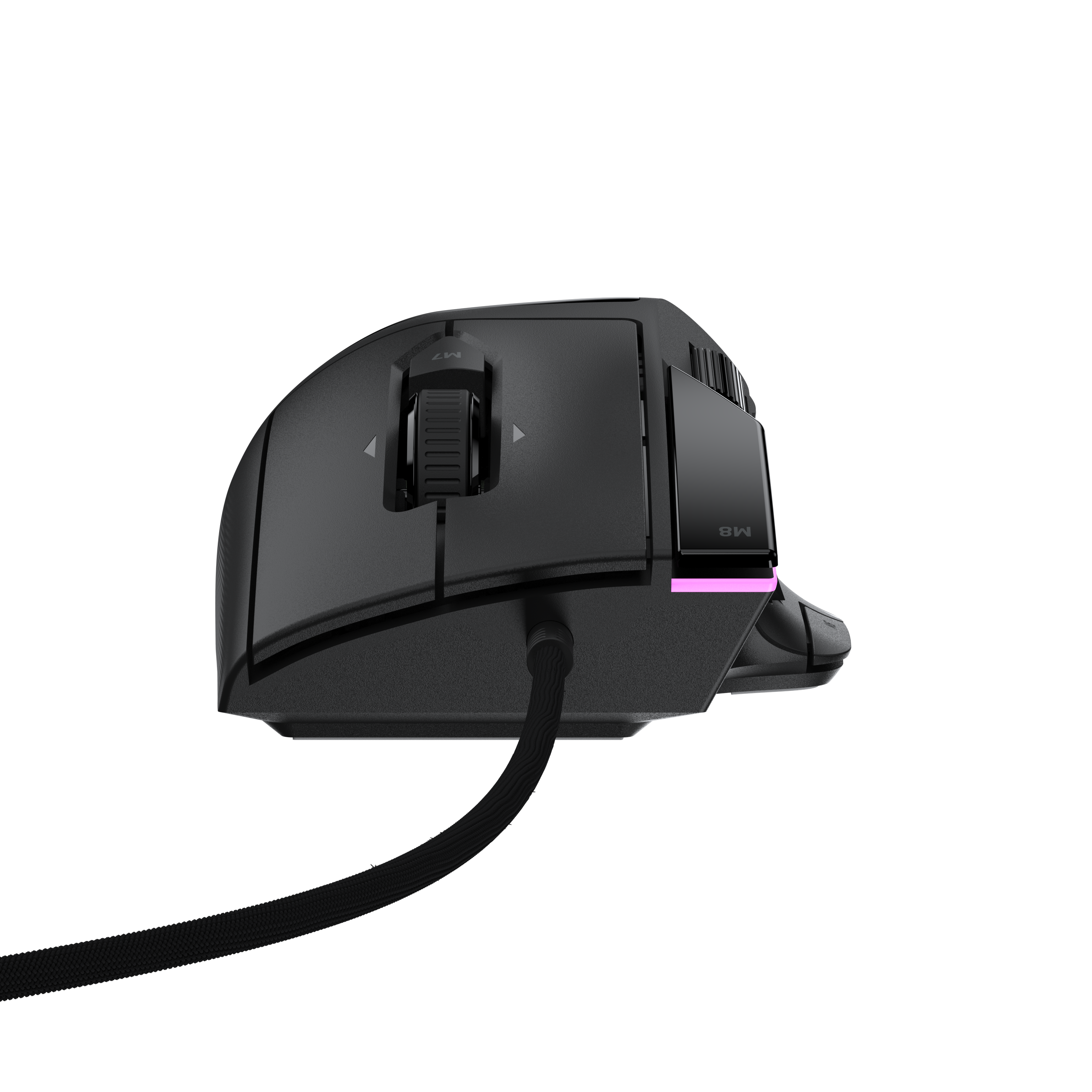 Eine schwarze Kabel-Gaming-Maus auf schwarzem Hintergrund mit Seitentasten und rosa LED-Licht.