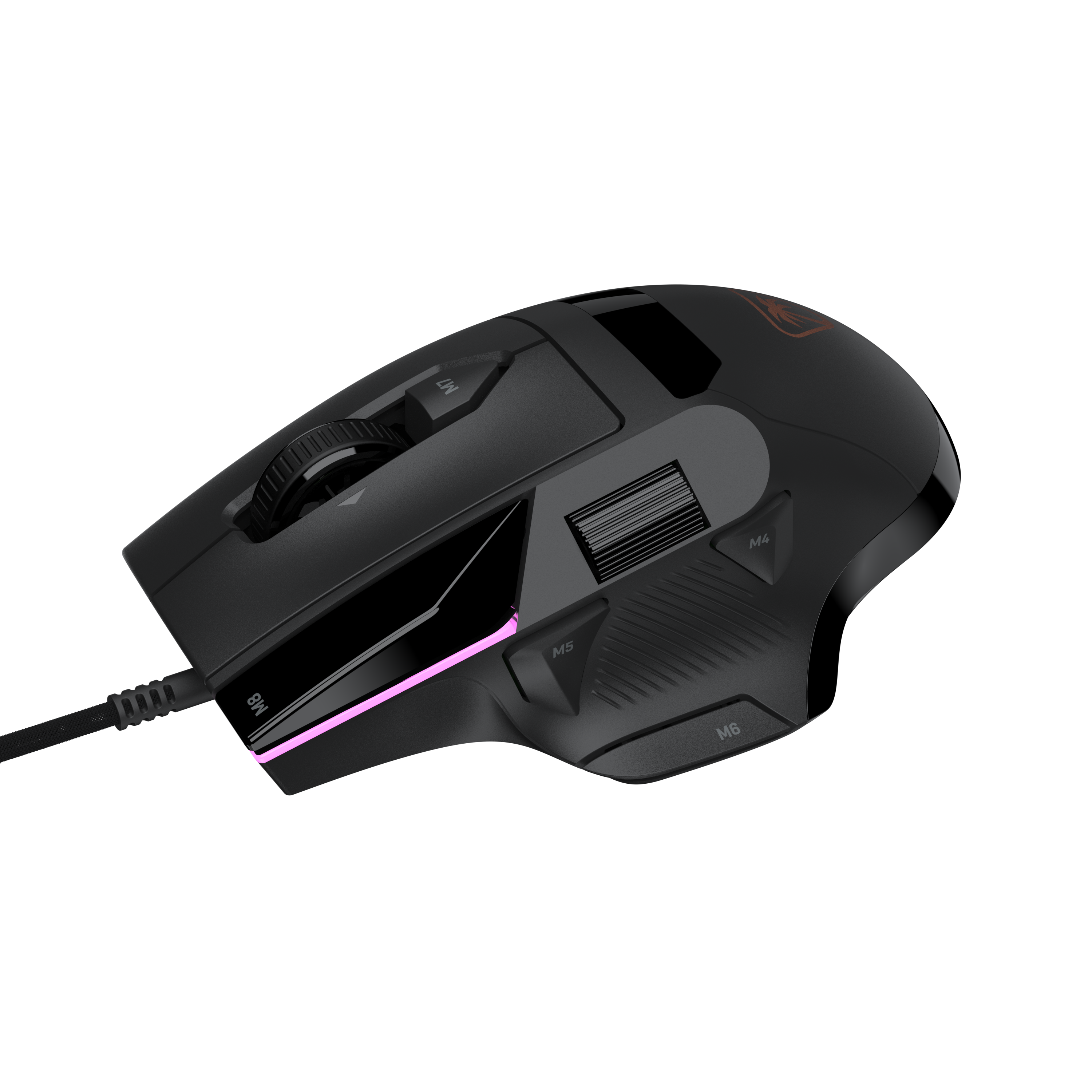 Eine schwarze Kabel-Gaming-Maus mit mehreren Seitentasten und rosa LED-Beleuchtung auf schwarzem Hintergrund.