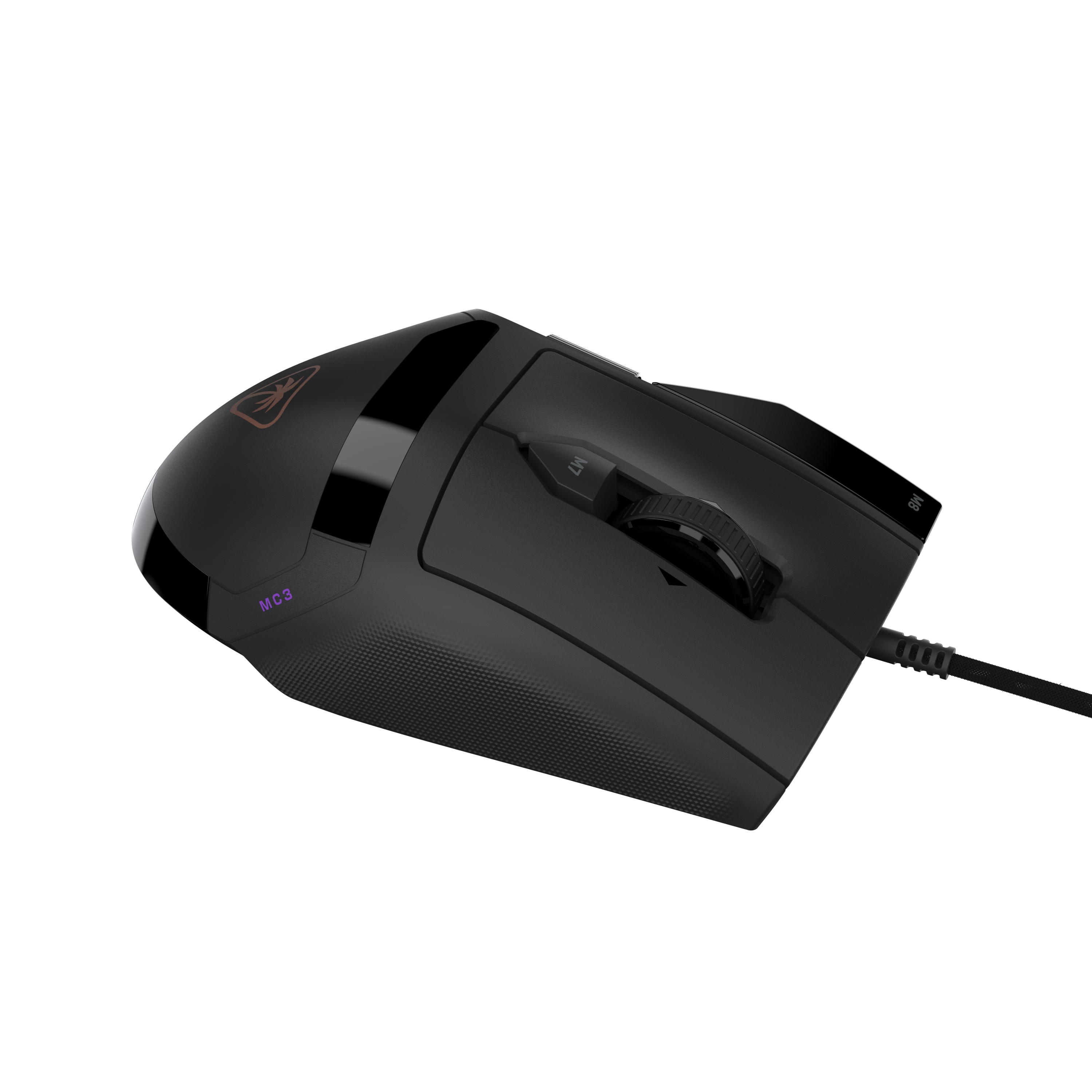 Eine schwarze kabelgebundene Gaming-Maus vor einem tiefschwarzen Hintergrund.