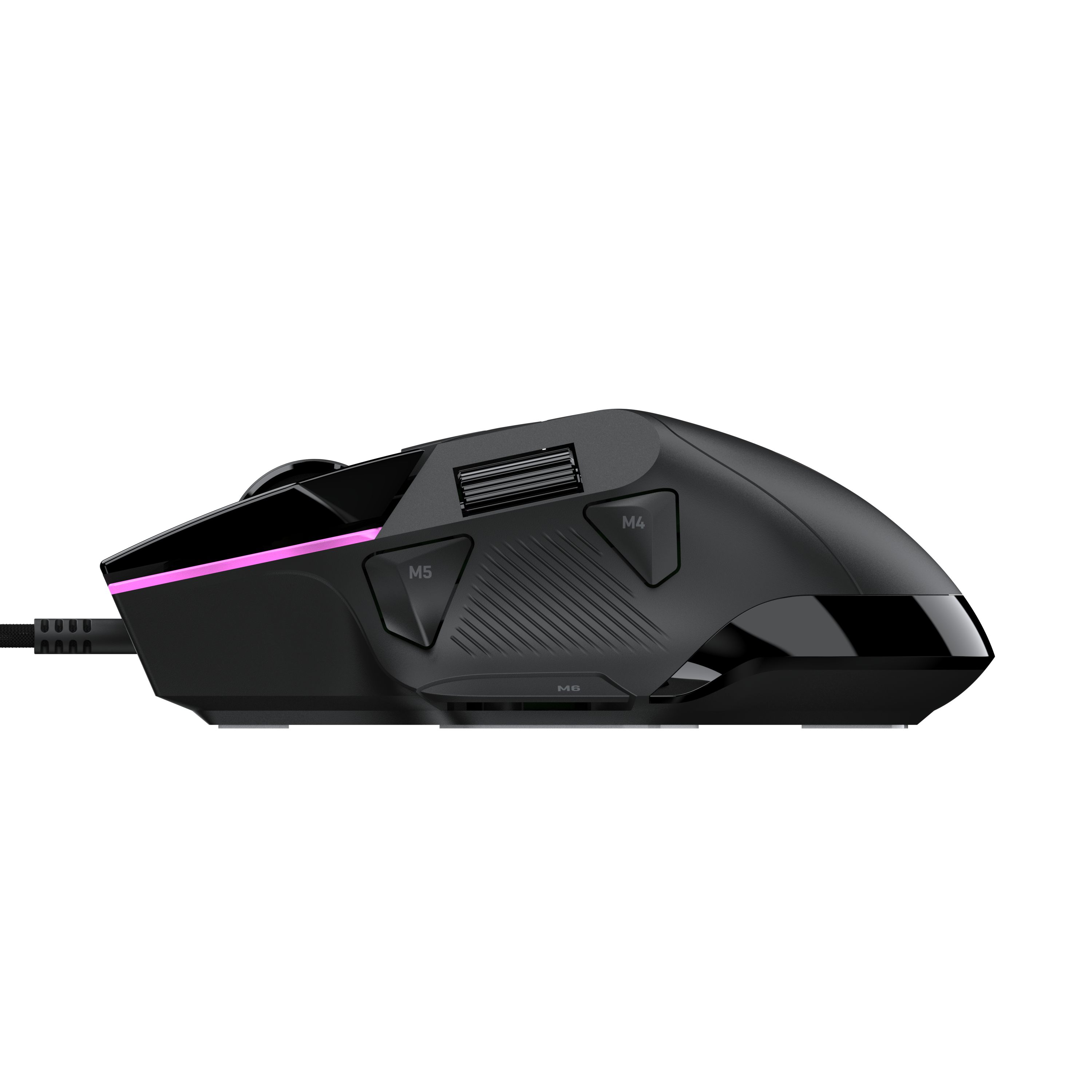 Eine schwarze kabelgebundene Gaming-Maus auf schwarzem Hintergrund mit rosa LED-Beleuchtung und seitlichen Tasten.